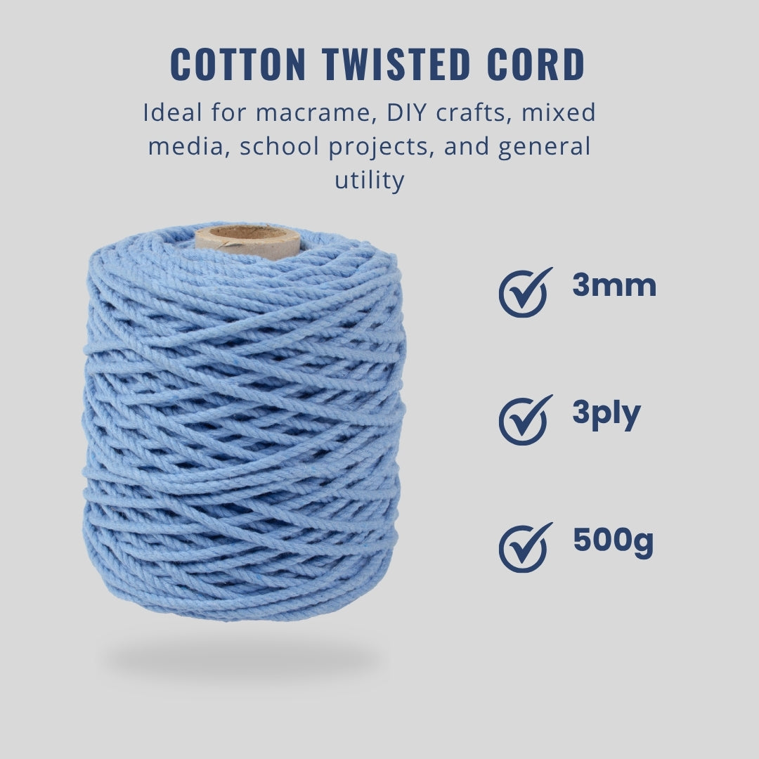 Cotton Twisted Cord Sky Blue 3mm 3 Ply 500gm Roll