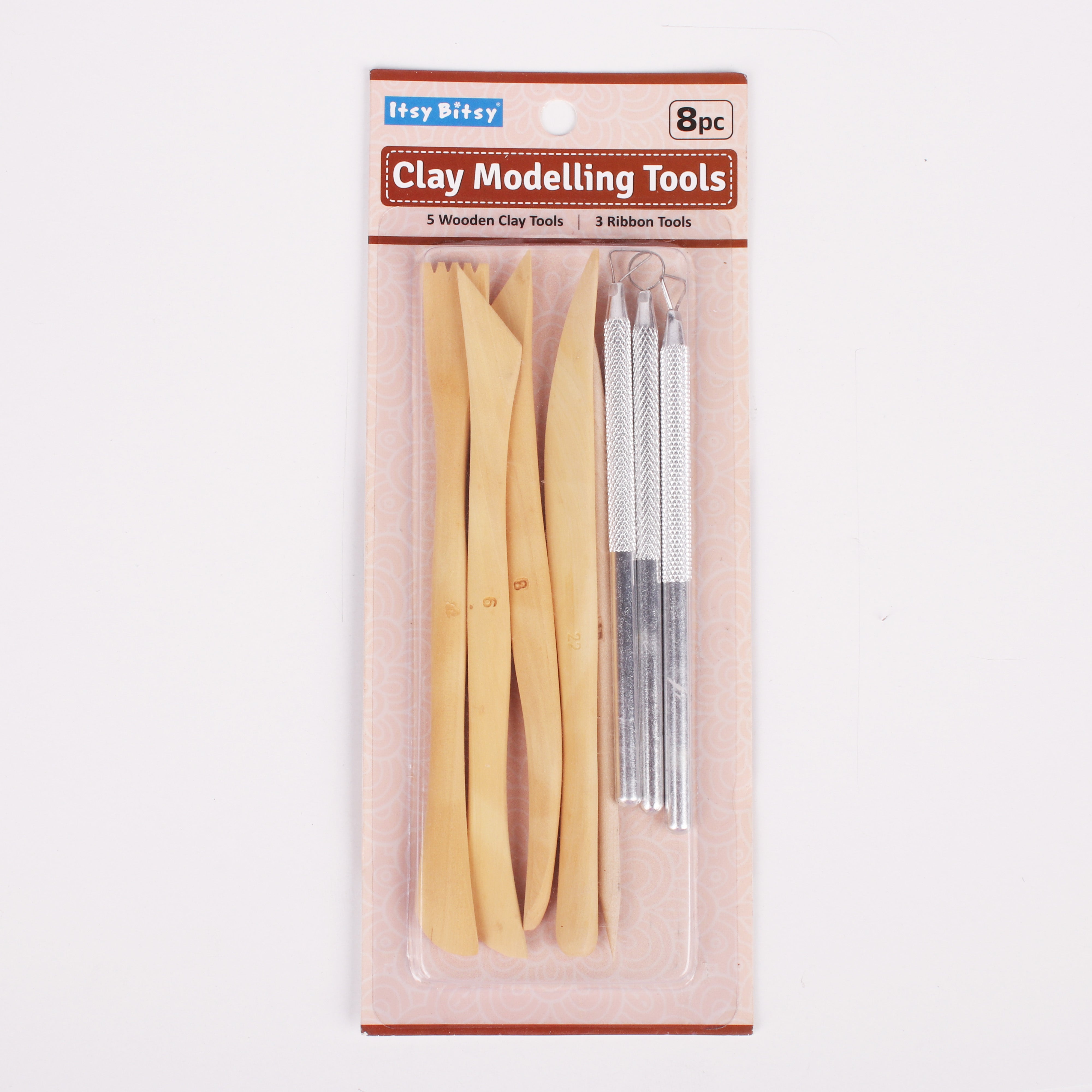 Clay Modelling Tool set - 5 Wooden Clay Tools & 3 Ribbon Tools Blister