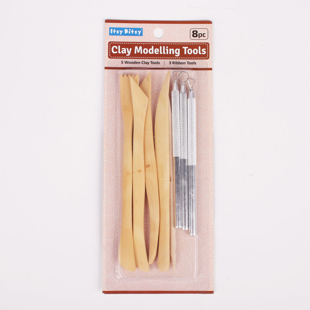 Clay Modelling Tool set - 5 Wooden Clay Tools & 3 Ribbon Tools Blister