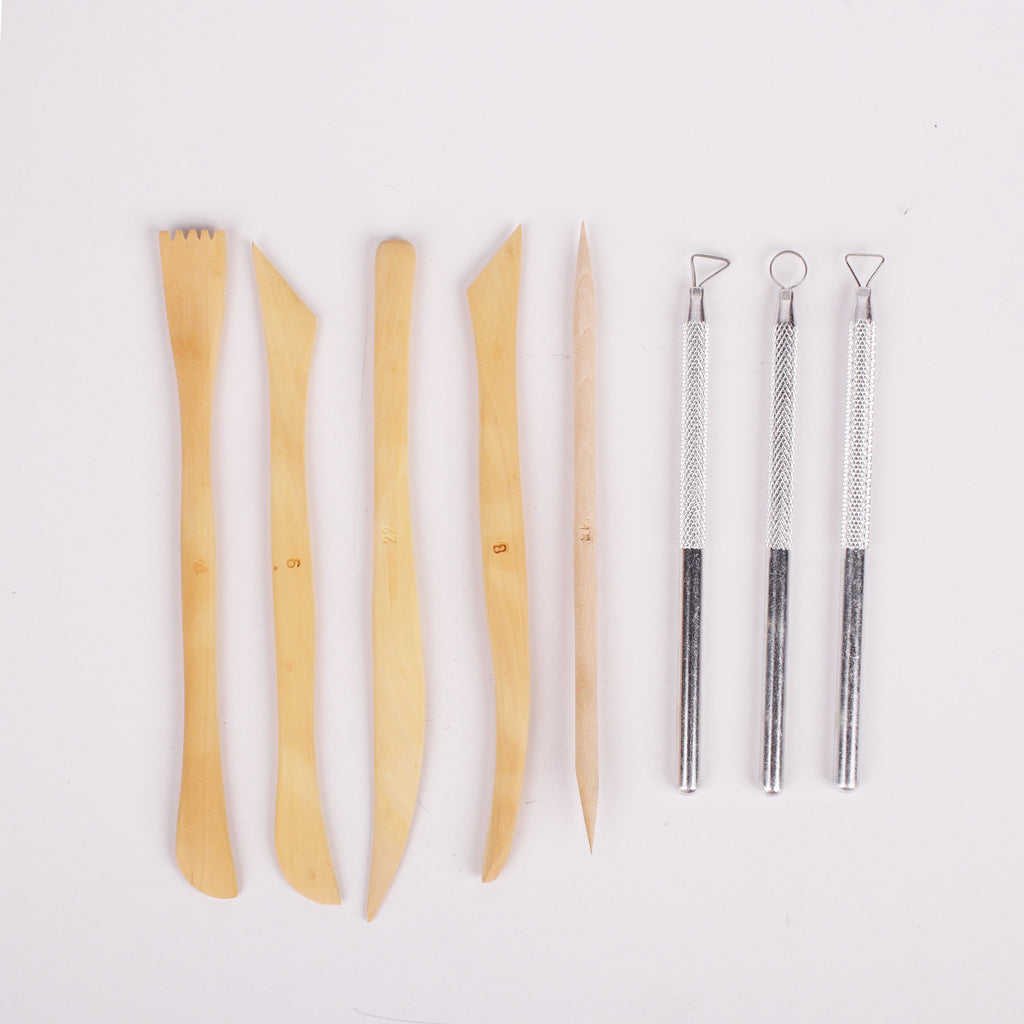 Clay Modelling Tool set - 5 Wooden Clay Tools & 3 Ribbon Tools Blister