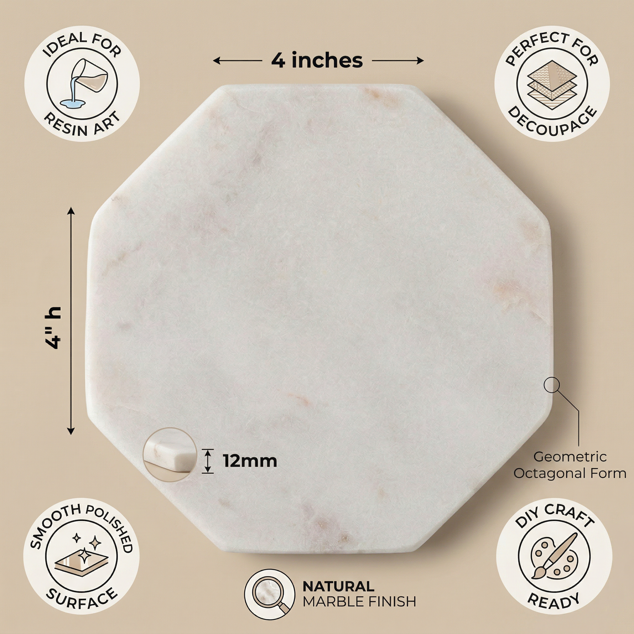 Marble Coaster Octagonal 4Inch X 12mm Thick 1pc