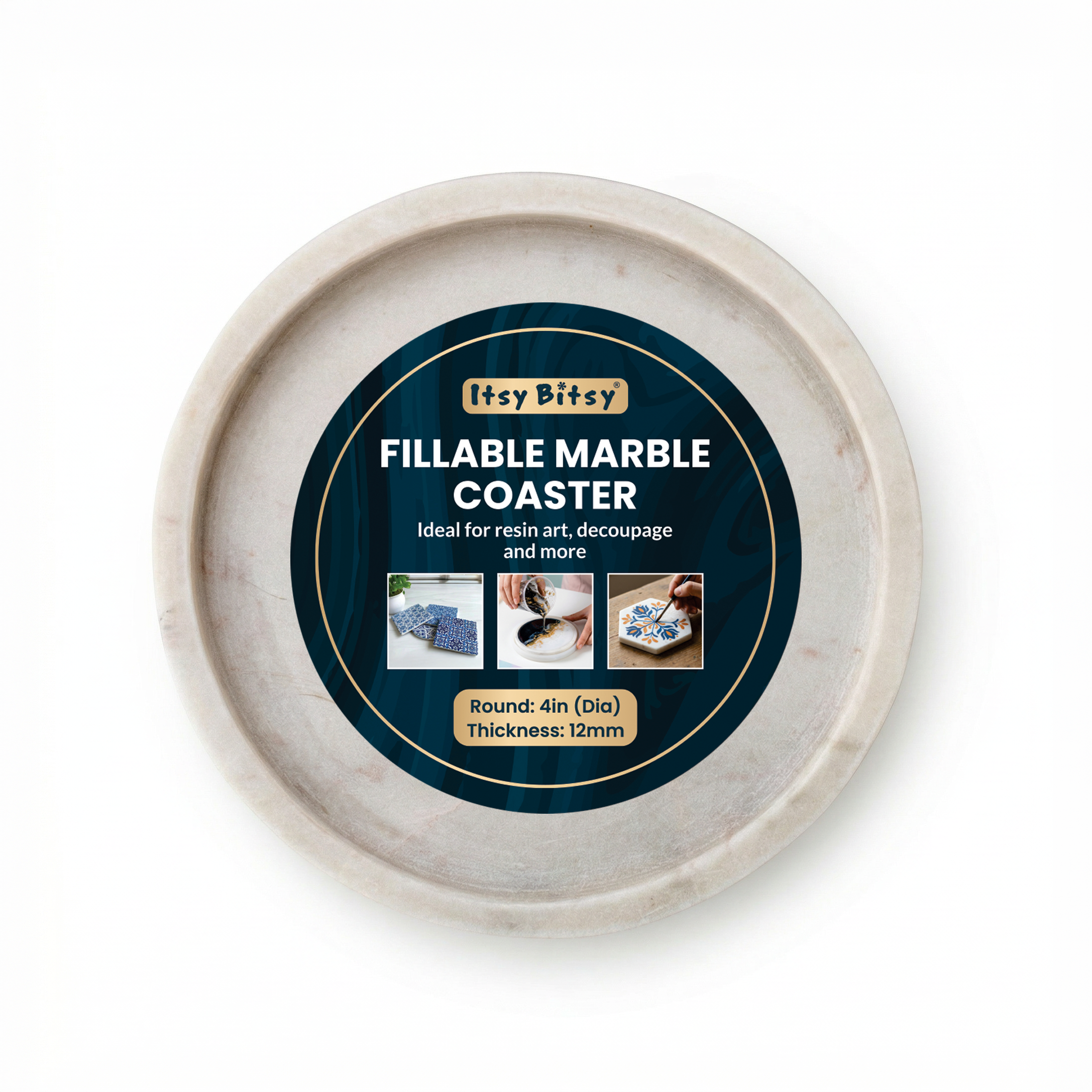 Marble Fillable Coaster Round 4Inch X 12mm 1pc