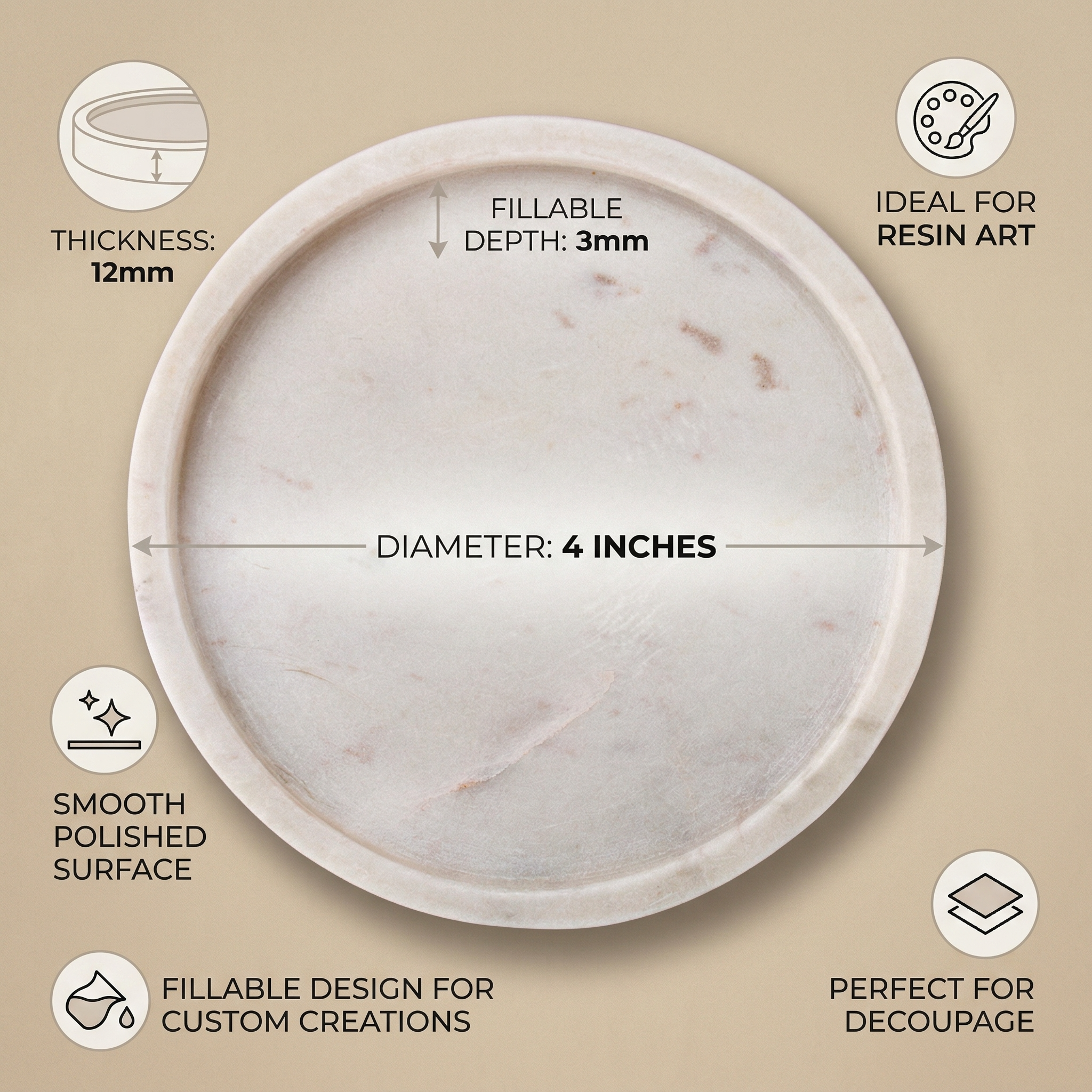 Marble Fillable Coaster Round 4Inch X 12mm 1pc