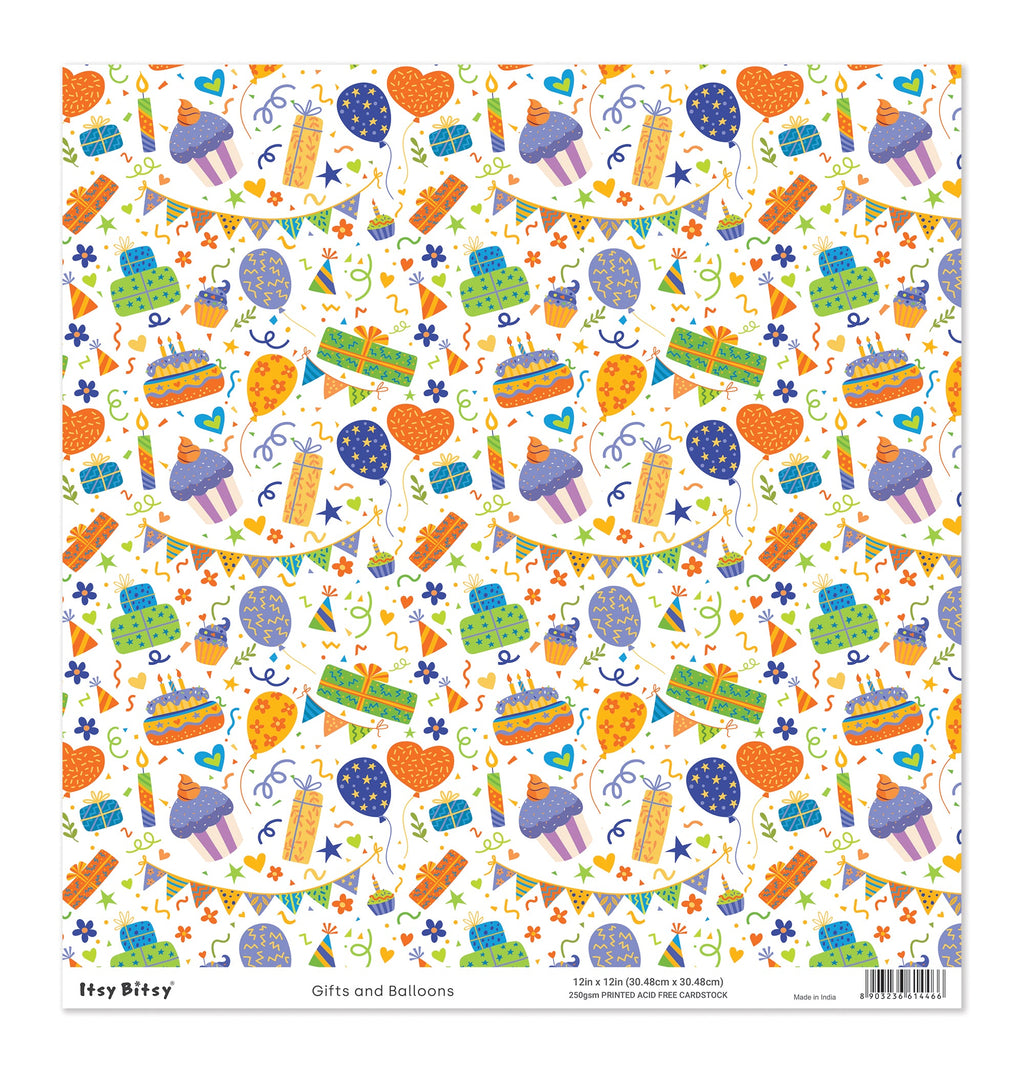Printed Cardstock |  12 X 12inch |  Gifts and Balloons | 250gsm | 1Sheet
