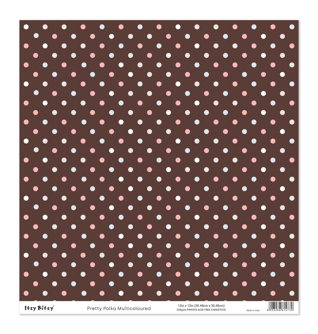 Printed Cardstock |  12 X 12inch |  Pretty Polka Multi coloured | 250gsm | 1Sheet