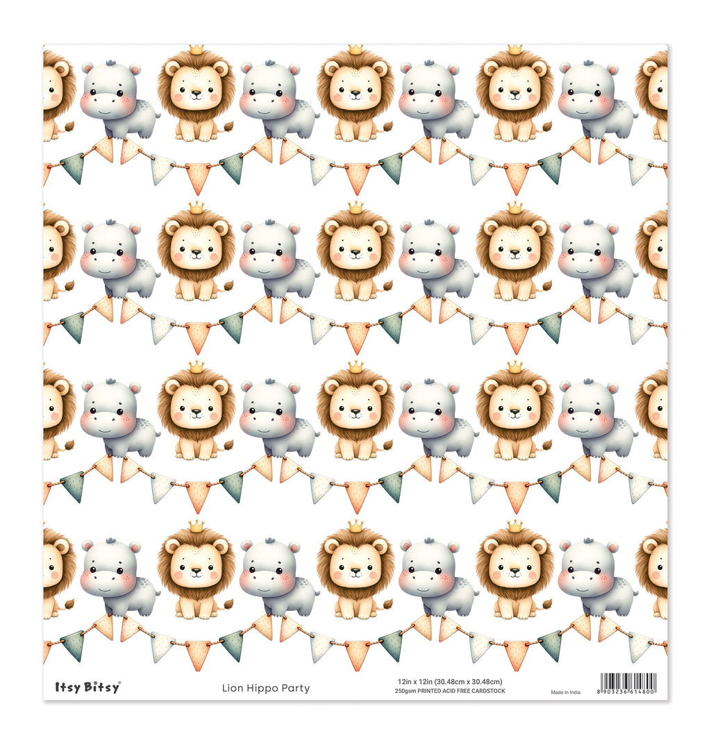 Printed Cardstock |  12 X 12inch |  Lion Hippo Party | 250gsm | 1Sheet