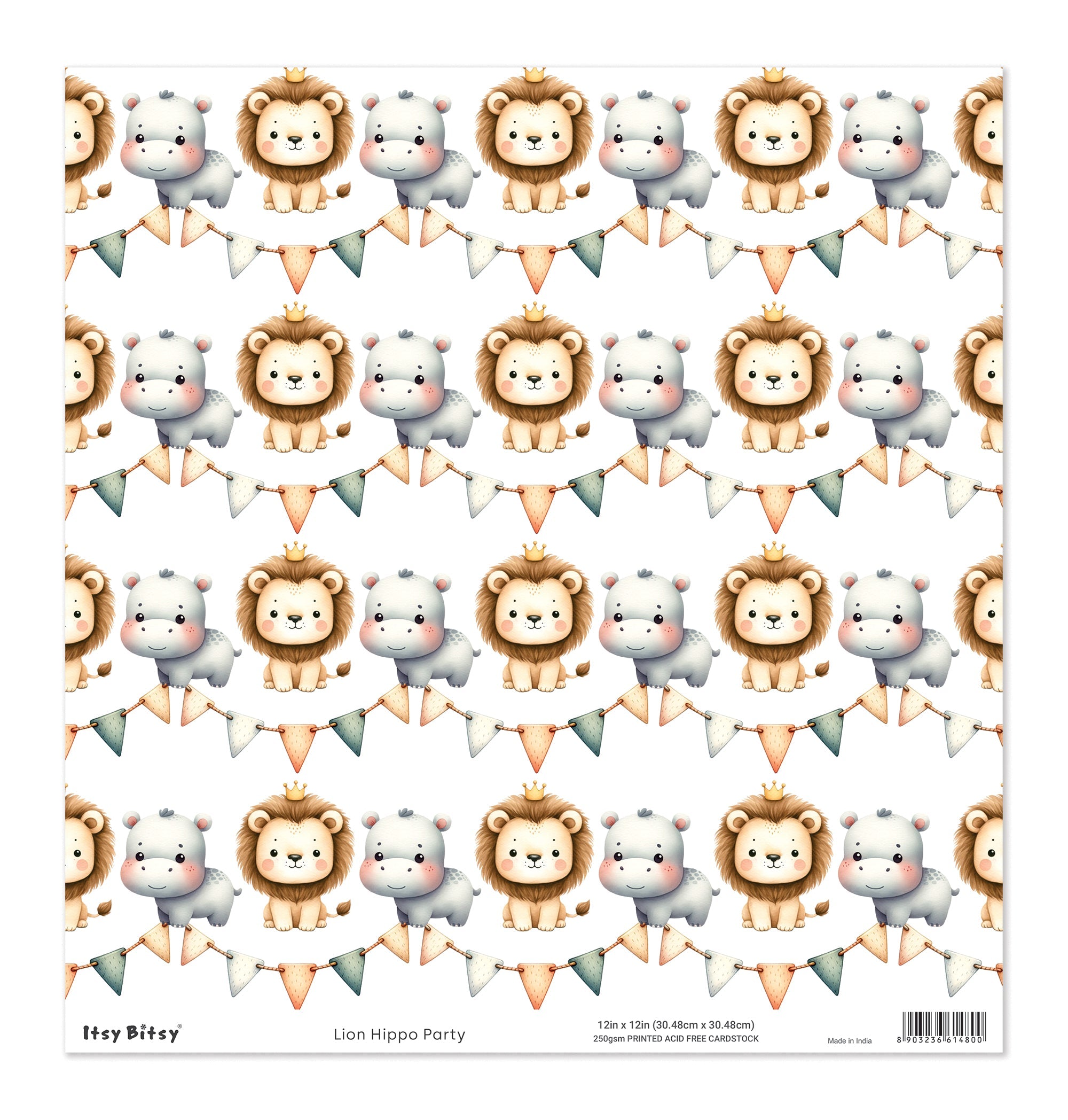 Printed Cardstock |  12 X 12inch |  Lion Hippo Party | 250gsm | 1Sheet