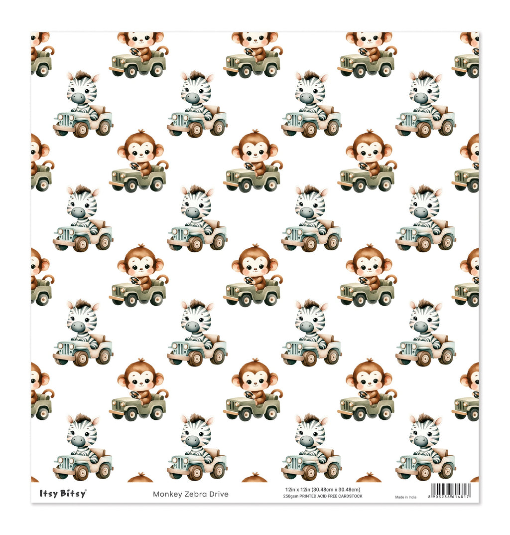 Printed Cardstock |  12 X 12inch |  Monkey Zebra Drive | 250gsm | 1Sheet