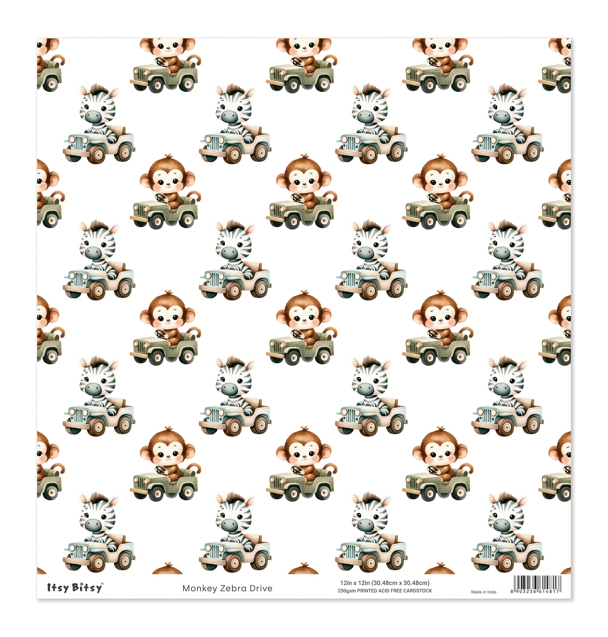 Printed Cardstock |  12 X 12inch |  Monkey Zebra Drive | 250gsm | 1Sheet