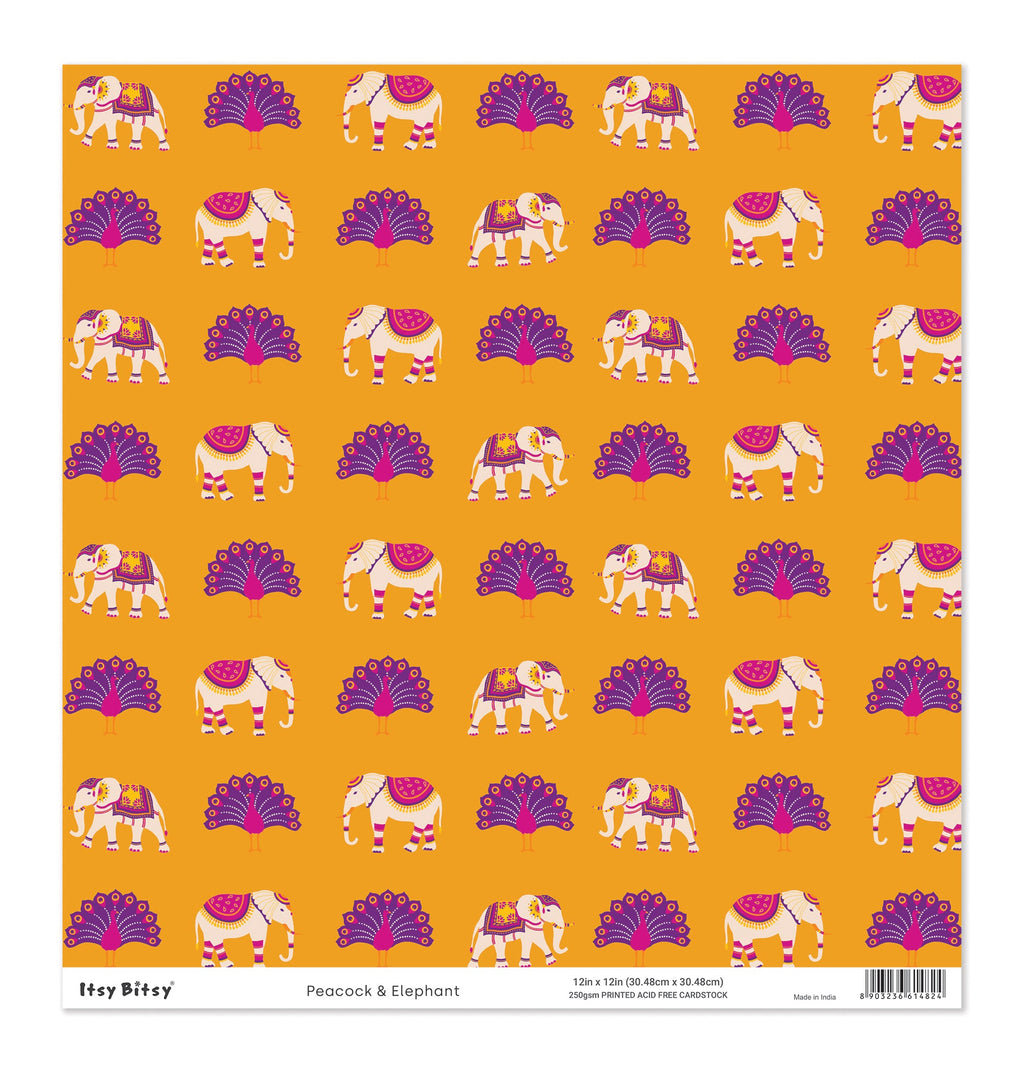 Printed Cardstock |  12 X 12inch |  Peacock & Elephant | 250gsm | 1Sheet