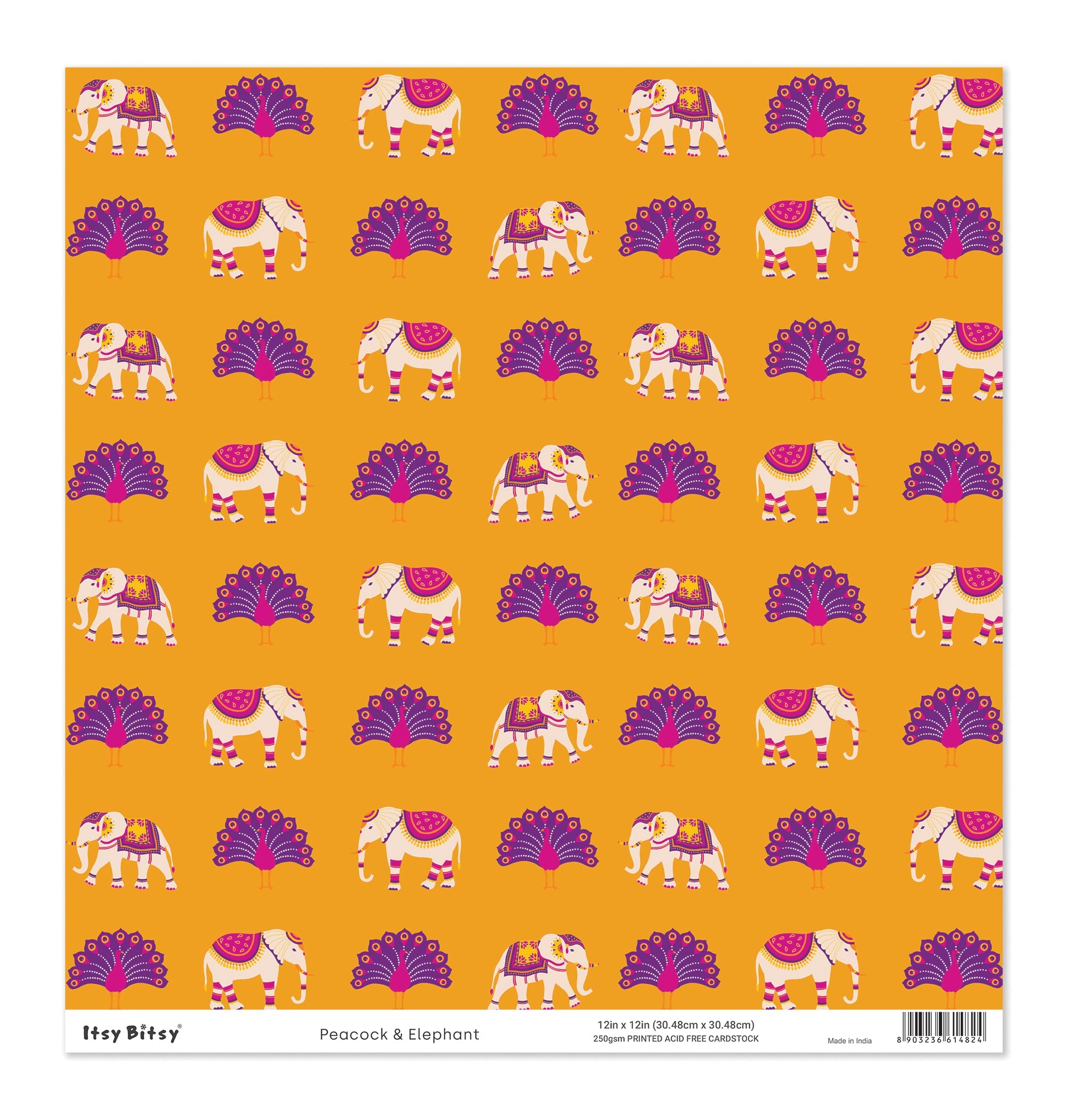Printed Cardstock |  12 X 12inch |  Peacock & Elephant | 250gsm | 1Sheet