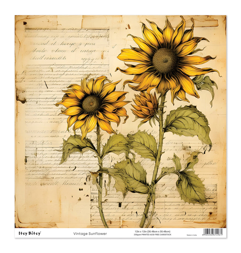 Printed Cardstock |  12 X 12inch |  Vintage Sunflower | 250gsm | 1Sheet