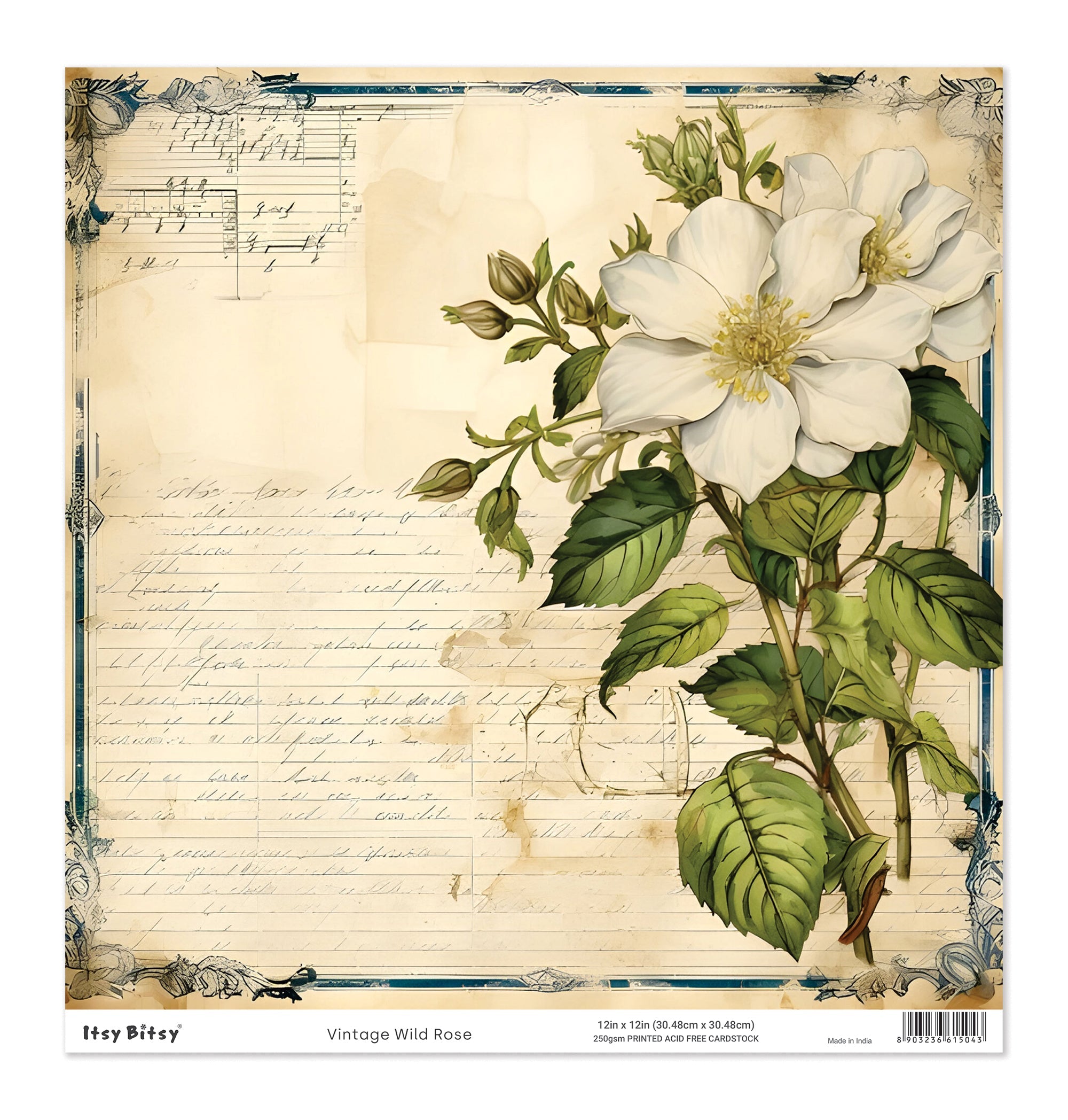 Printed Cardstock |  12 X 12inch |  Vintage Wild Rose | 250gsm | 1Sheet
