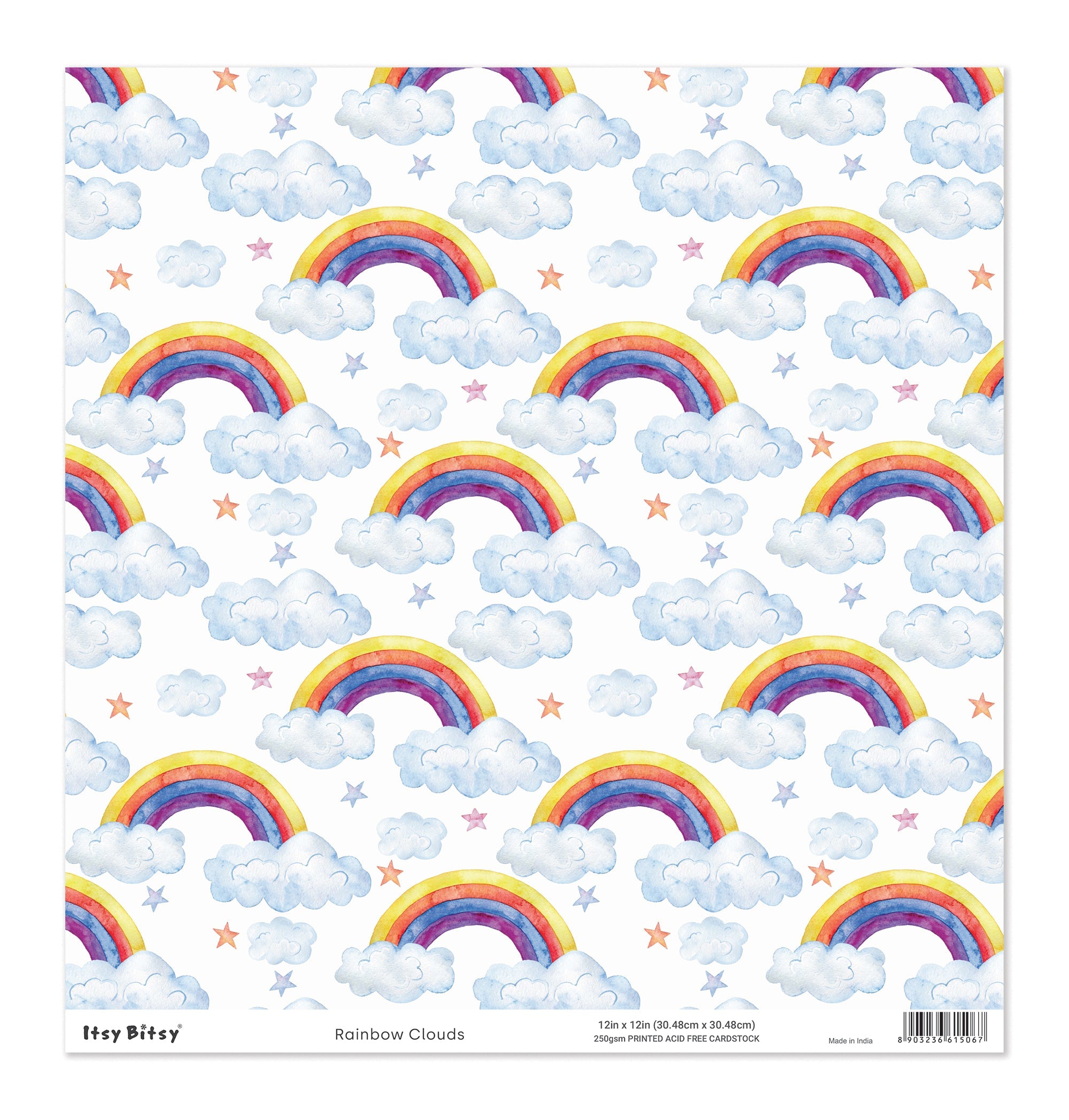 Printed Cardstock |  12 X 12inch |  Rainbow Clouds | 250gsm | 1Sheet