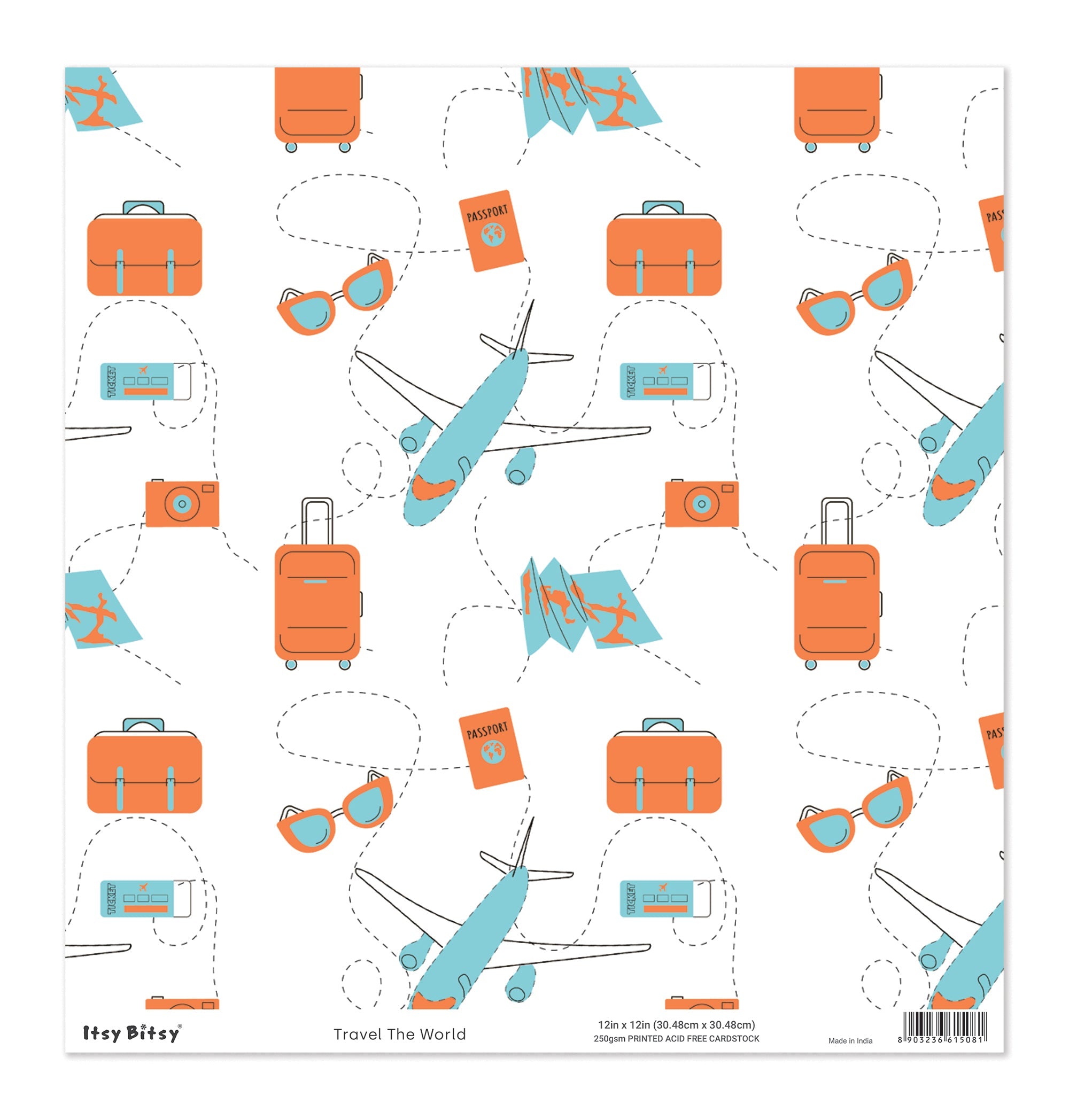 Printed Cardstock |  12 X 12inch |  Travel the world | 250gsm | 1Sheet