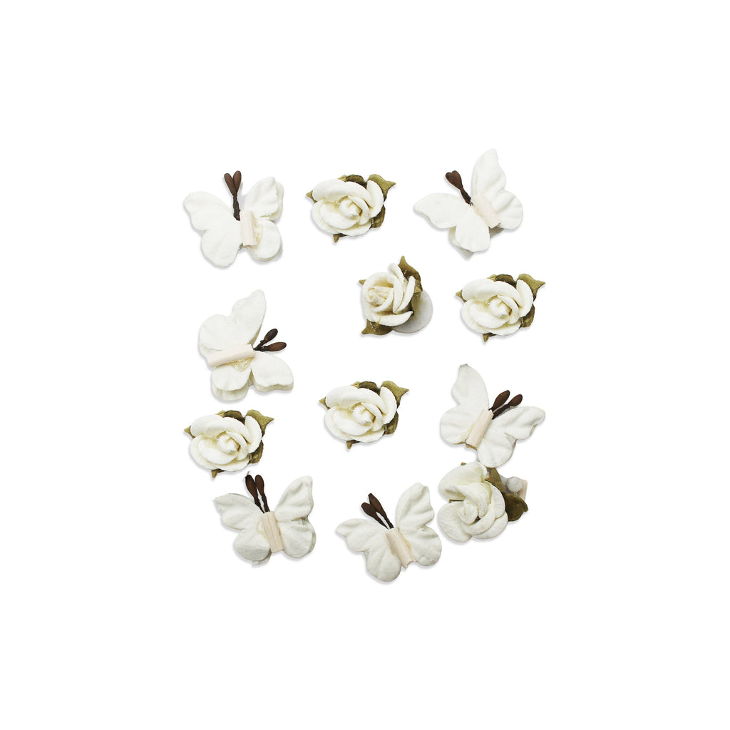 Handmade Flowers Roses & Butterflies Ivory Pearl 12Pc