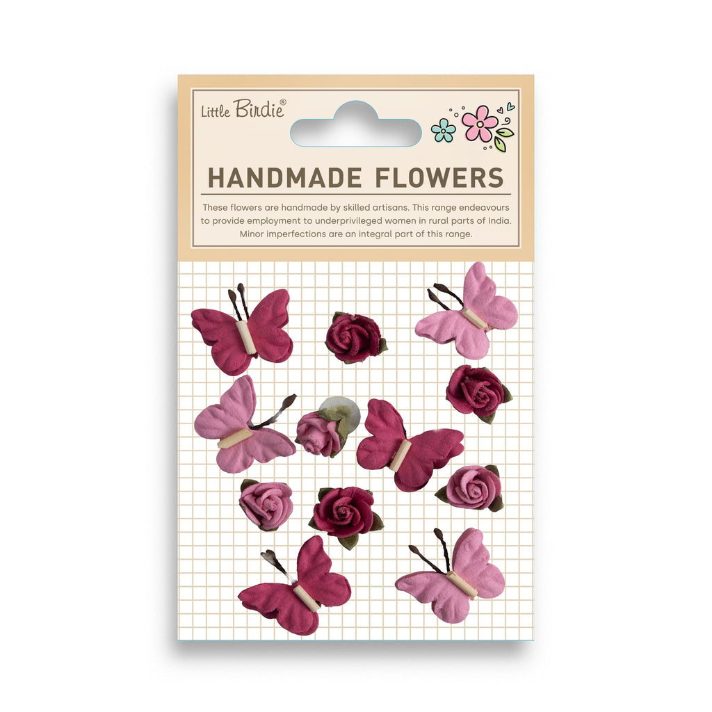 Handmade Flowers Roses & Butterflies Precious Pink 12Pc