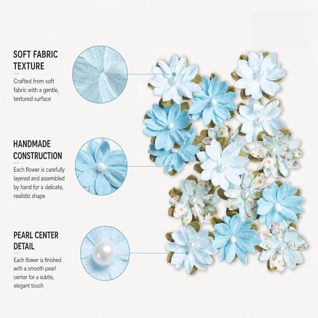 Handmade Printed Paper Flowers Luca Blue Symphony 15pc