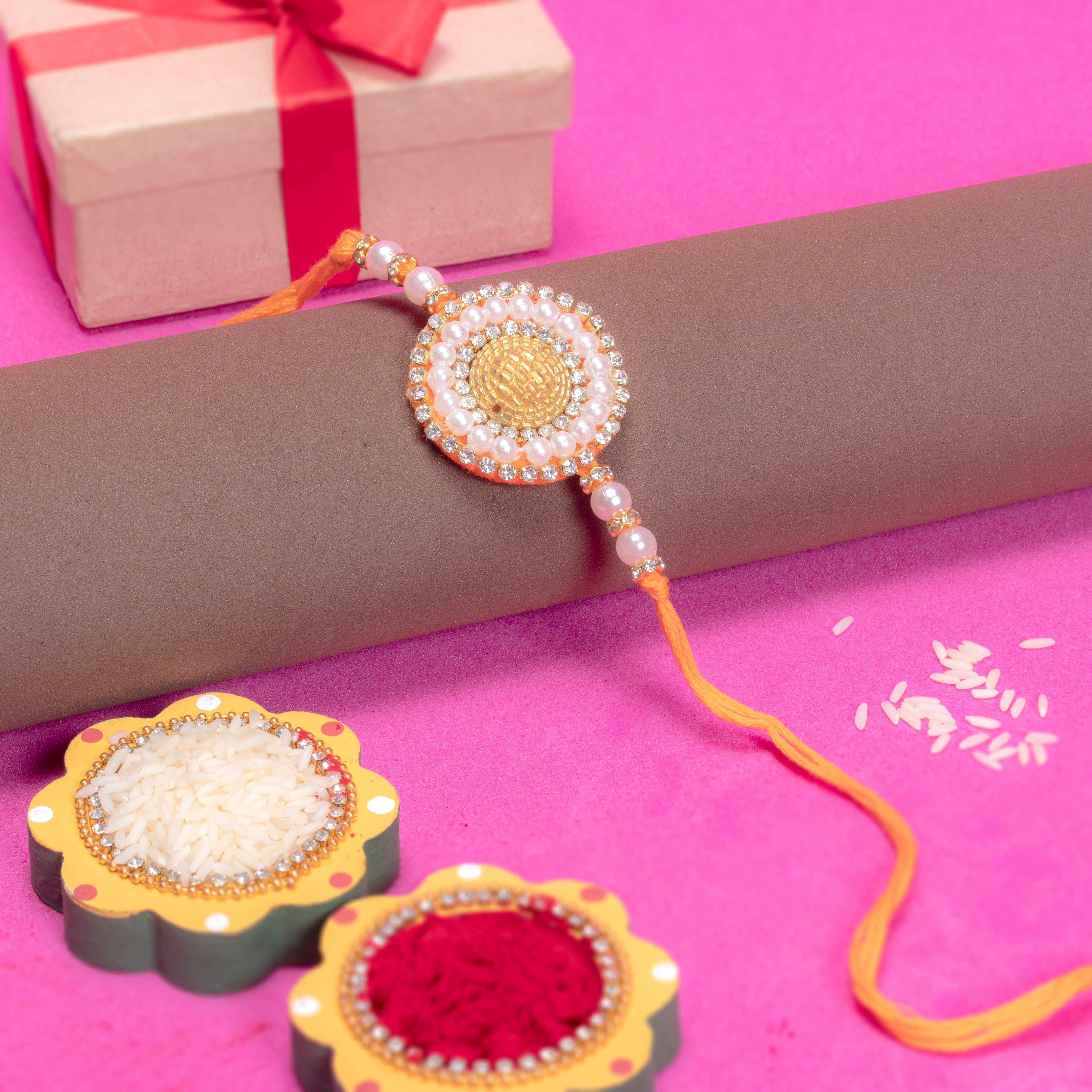 Handmade Rakhi - Pearly Daisy Orange 1 pc