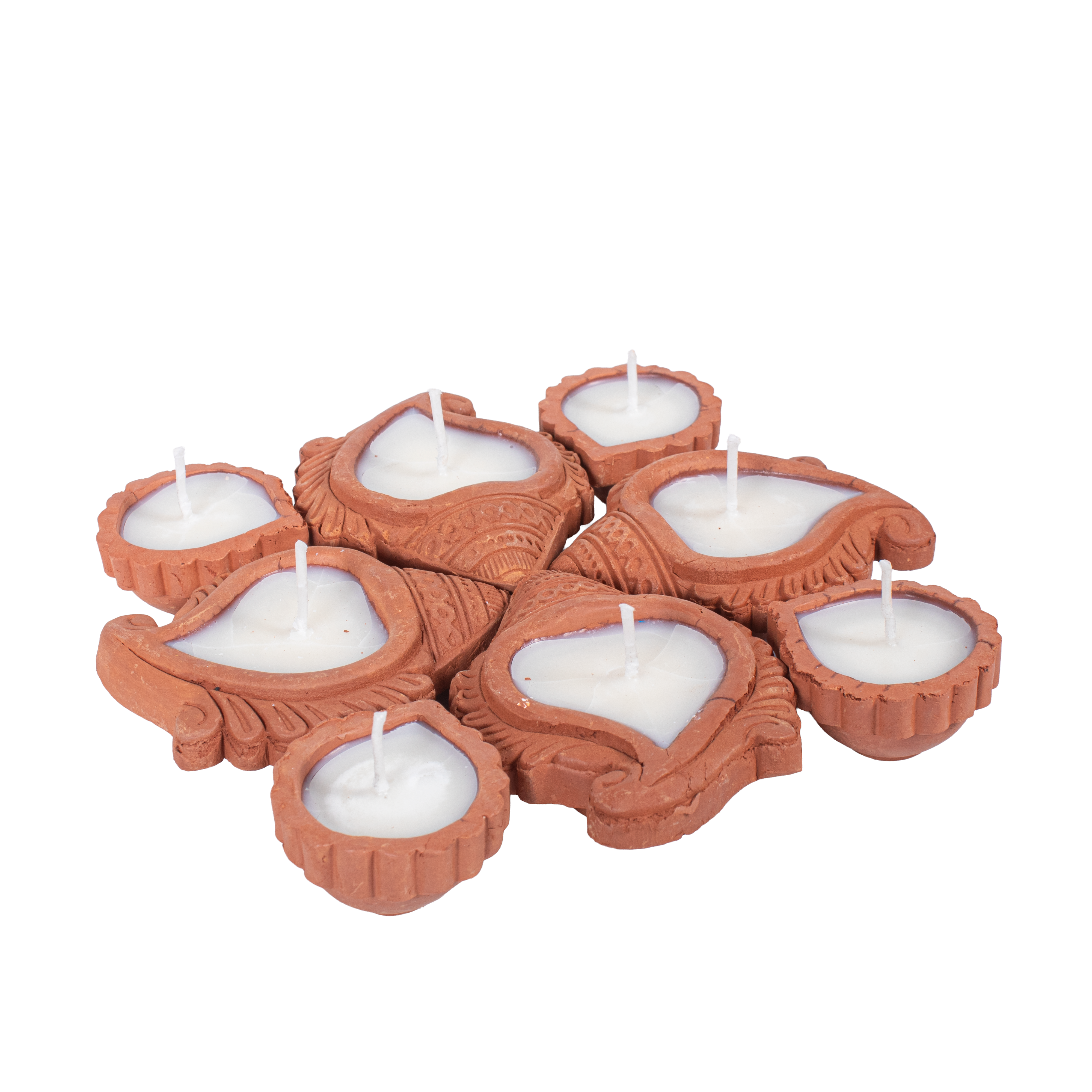 Ready-to-Use Terracotta Shankh Diya Set of 8pc (Wax Filled)