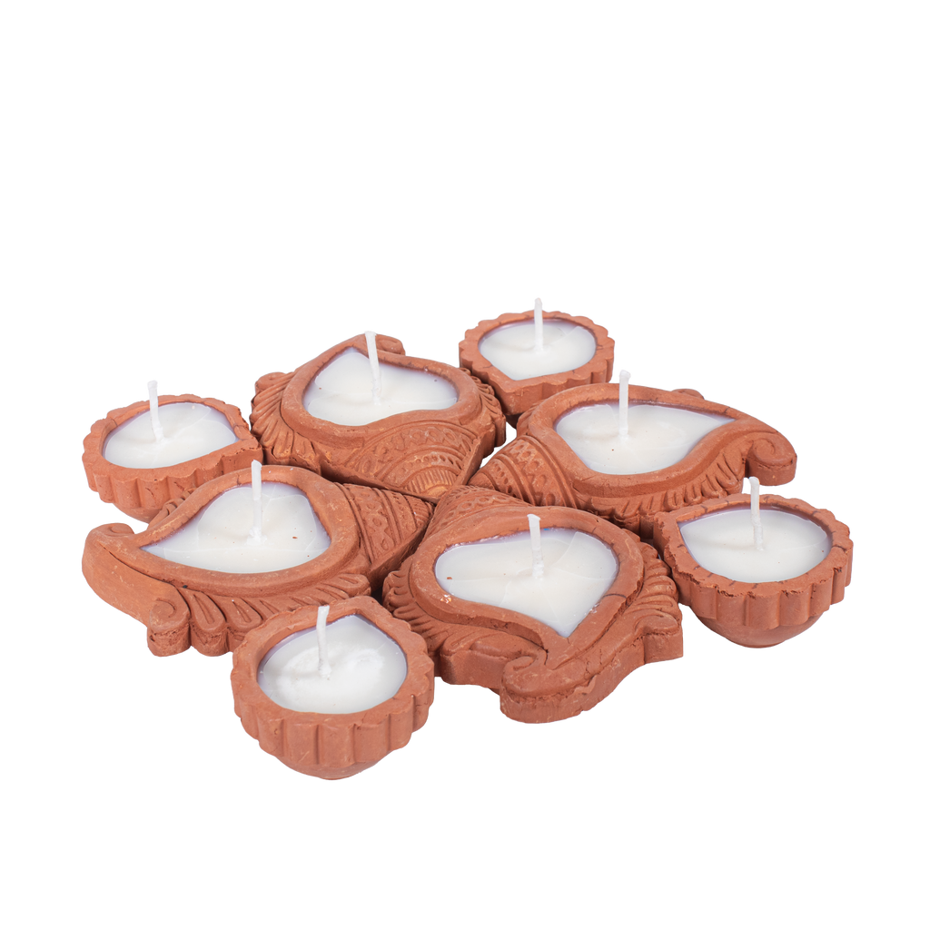 Ready-to-Use Terracotta Shankh Diya Set of 8pc (Wax Filled)