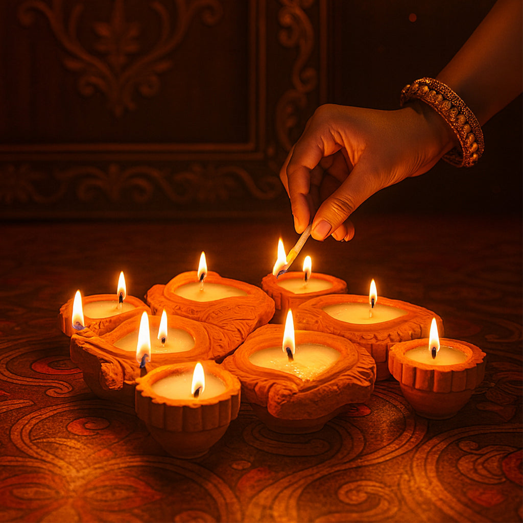 Ready-to-Use Terracotta Shankh Diya Set of 8pc (Wax Filled)