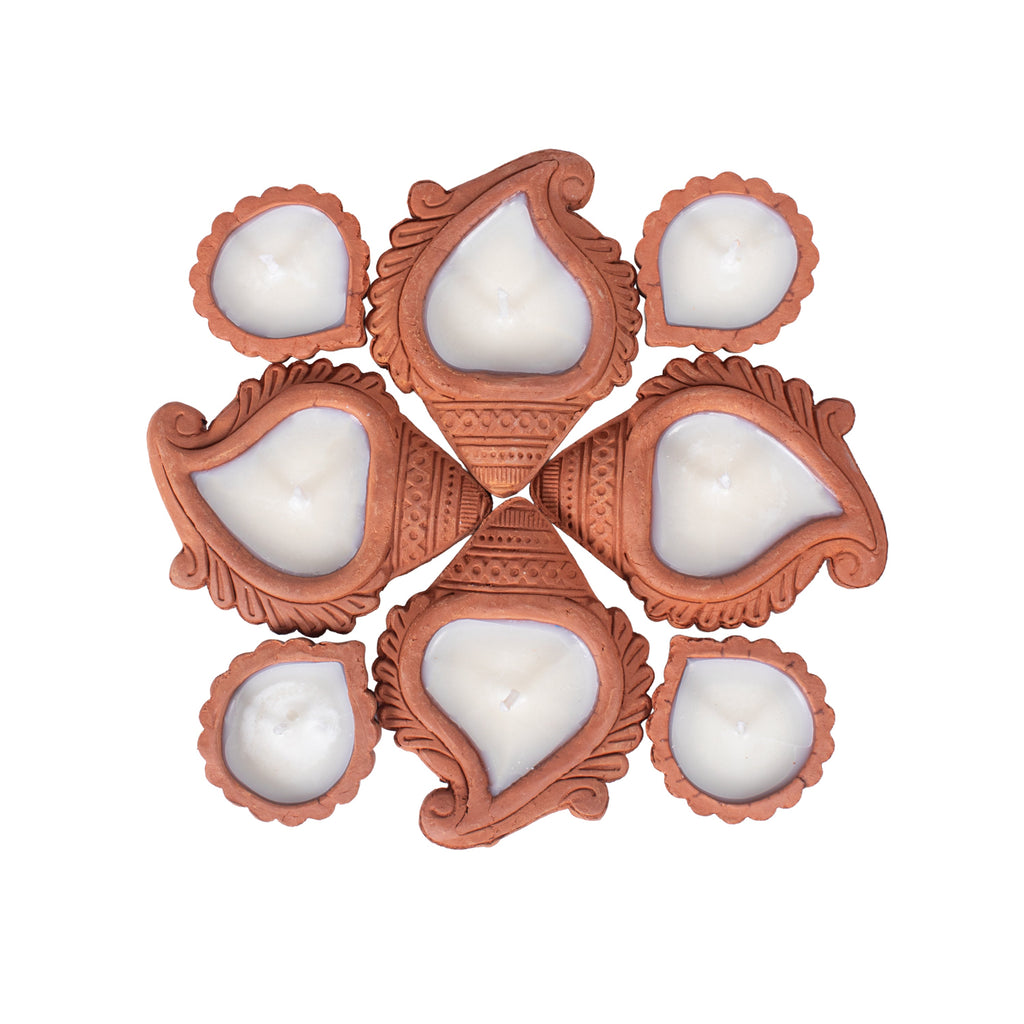 Ready-to-Use Terracotta Shankh Diya Set of 8pc (Wax Filled)