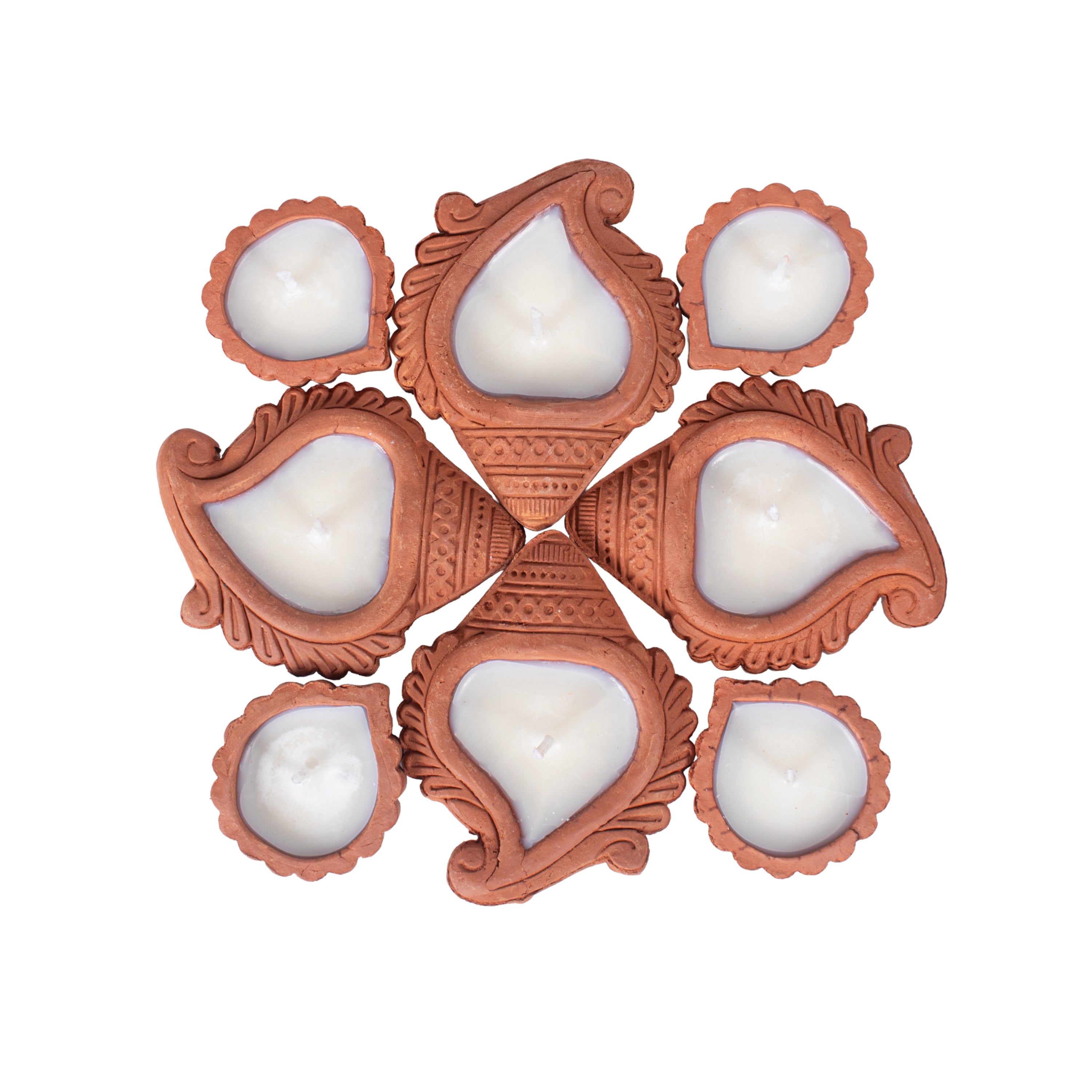 Ready-to-Use Terracotta Shankh Diya Set of 8pc (Wax Filled)
