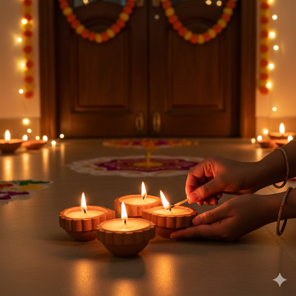 Ready-to-use Terracotta Diya Scalloped Border Set of 4pc (Wax Filled)