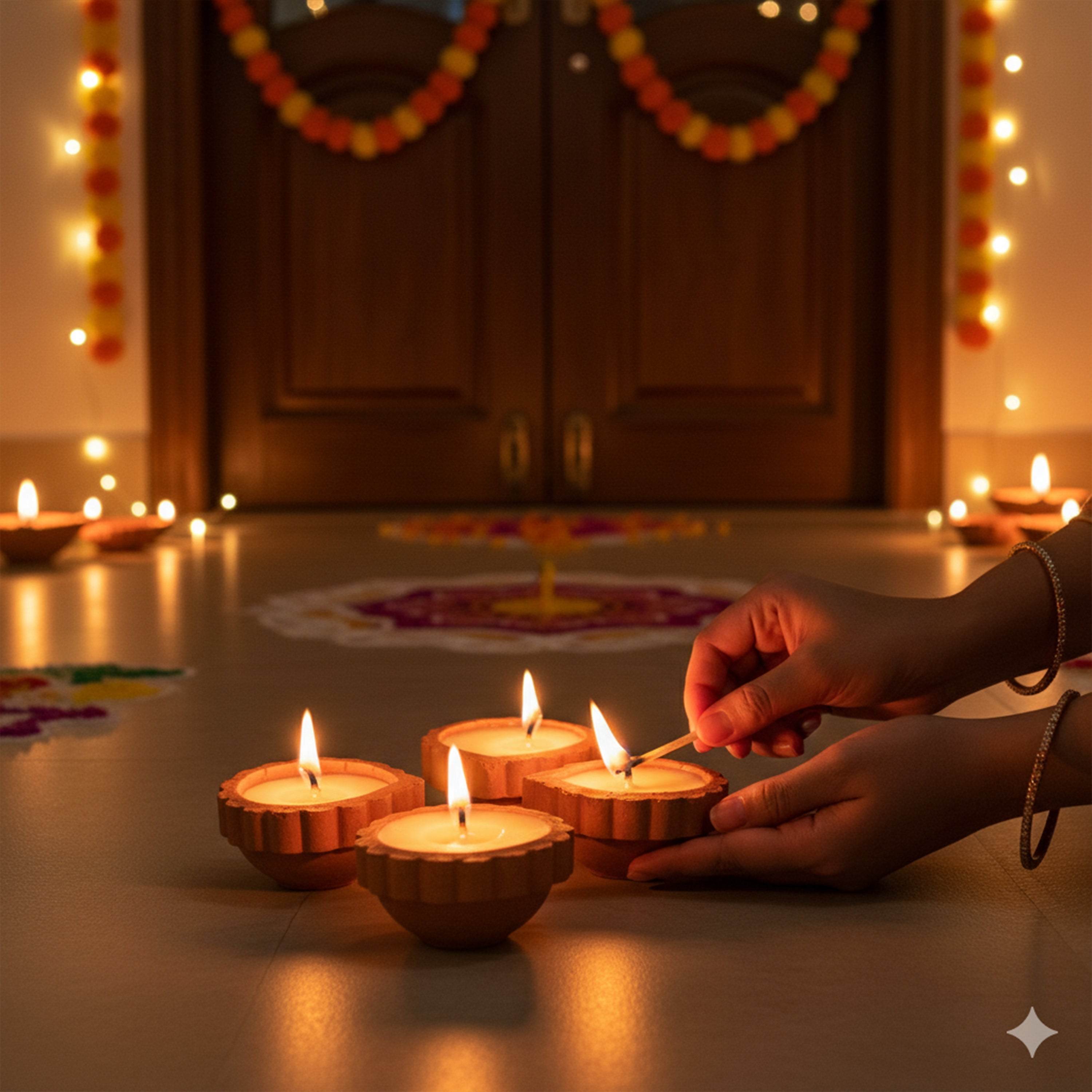 Ready-to-use Terracotta Diya Scalloped Border Set of 4pc (Wax Filled)