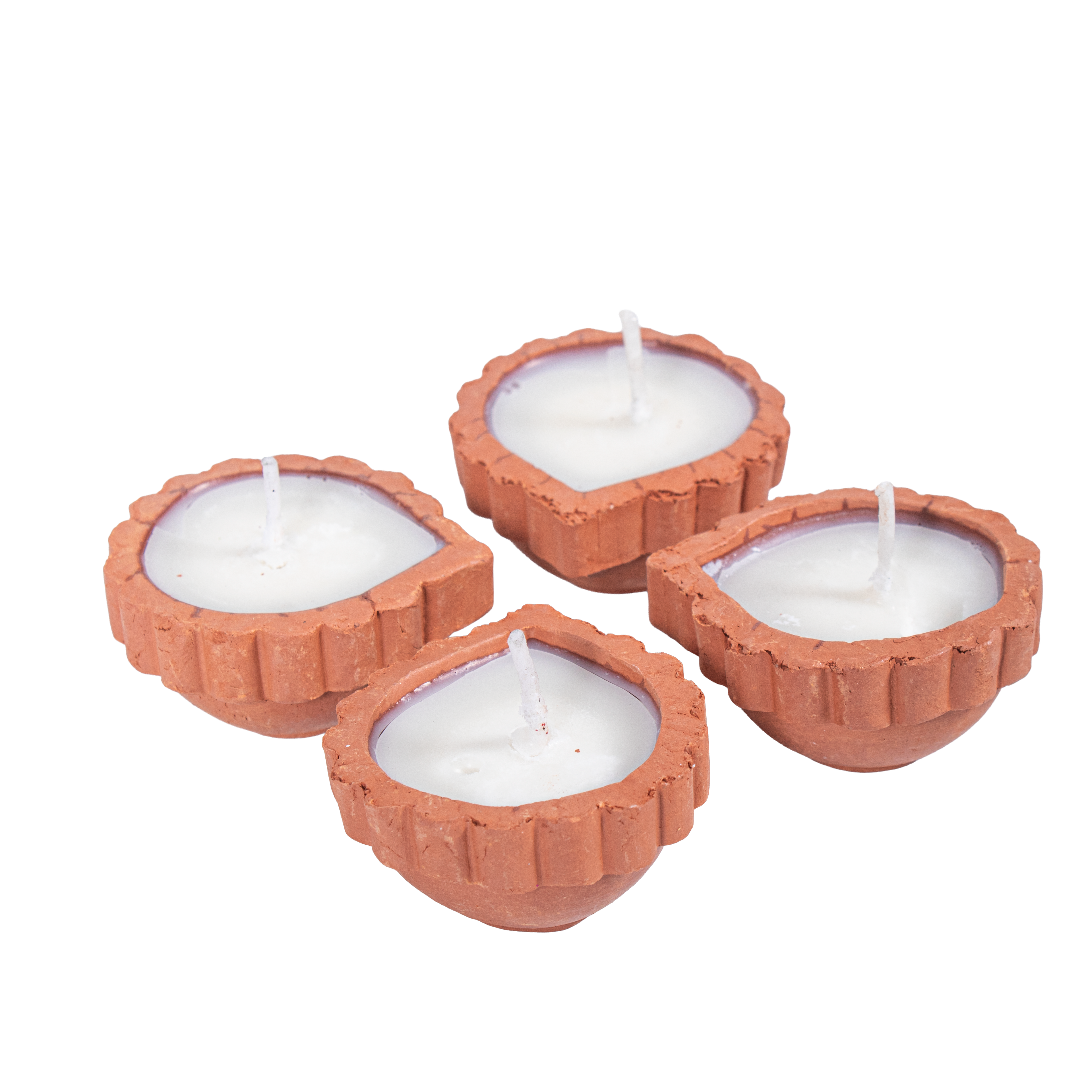 Ready-to-use Terracotta Diya Scalloped Border Set of 4pc (Wax Filled)