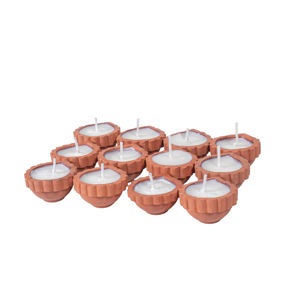 Ready-to-use Terracotta Diya Scalloped Border Set of 12pc (Wax Filled)