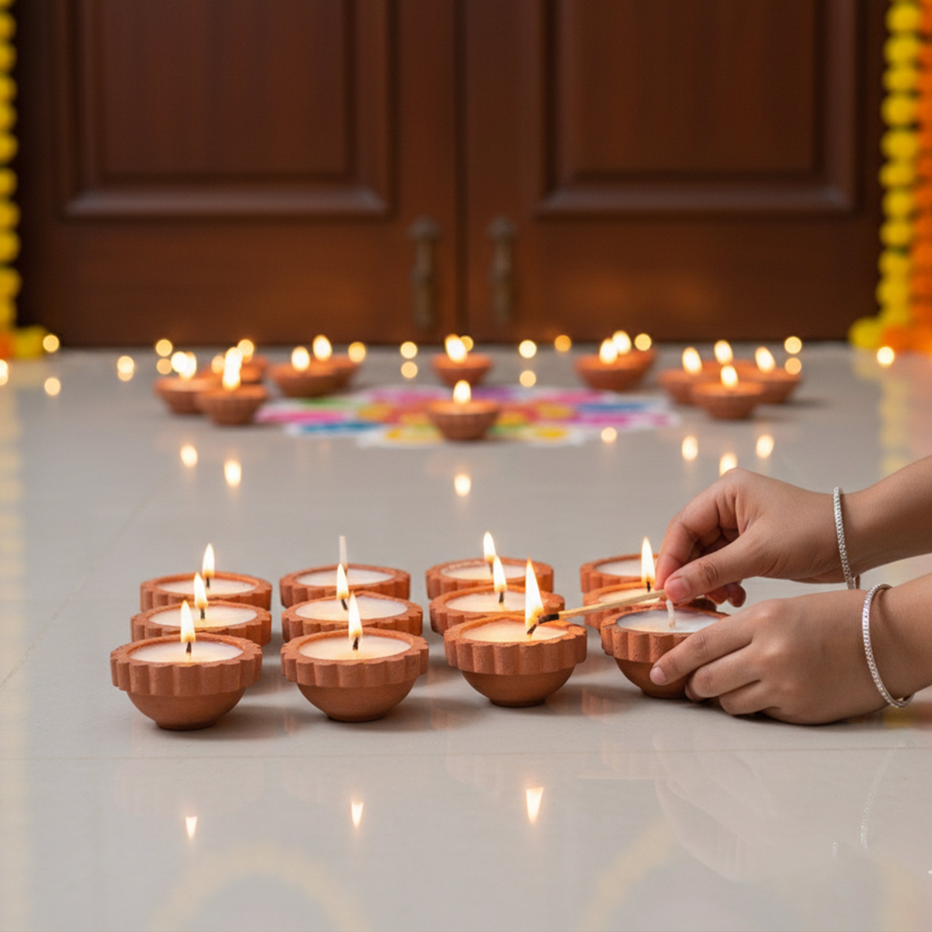 Ready-to-use Terracotta Diya Scalloped Border Set of 12pc (Wax Filled)
