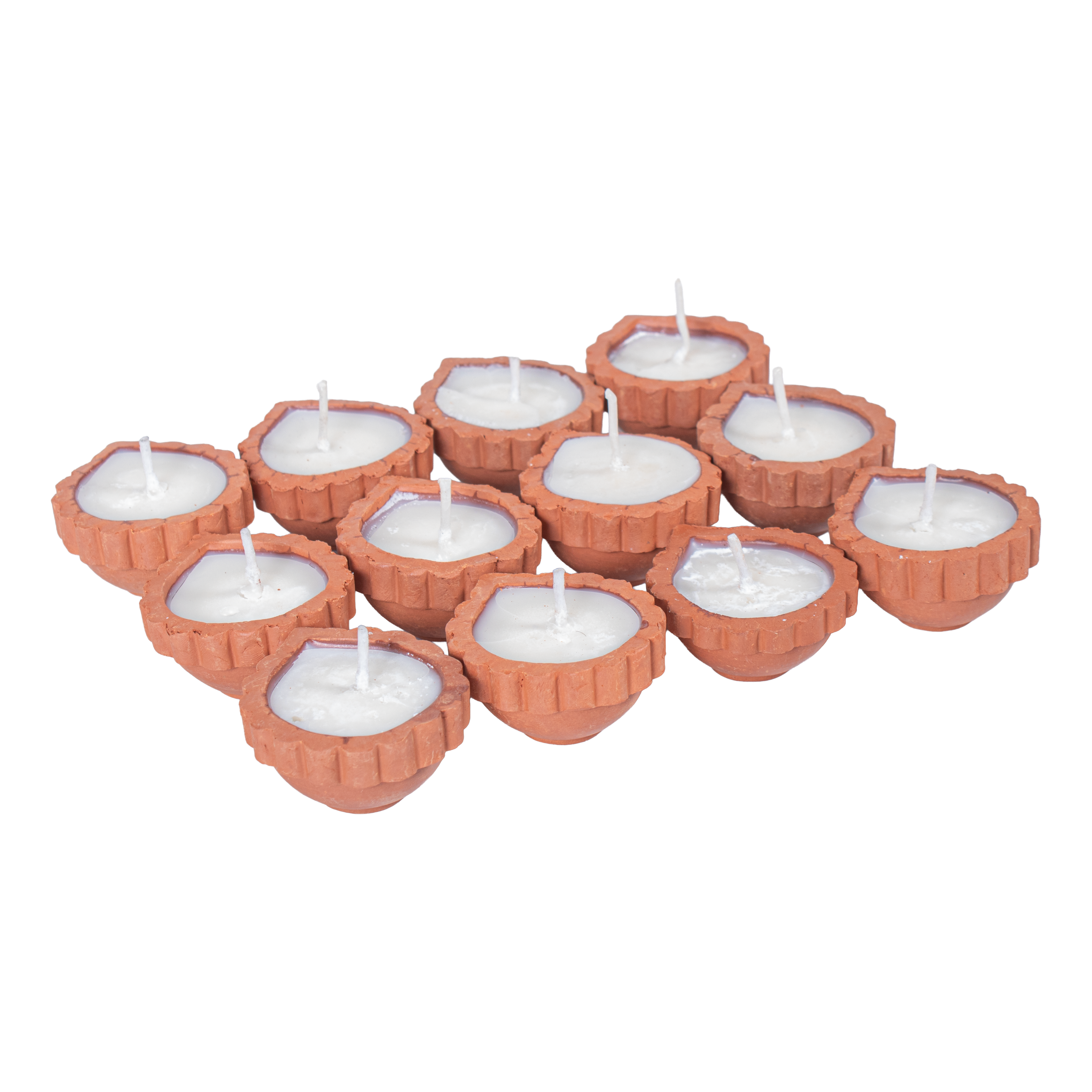 Ready-to-use Terracotta Diya Scalloped Border Set of 12pc (Wax Filled)