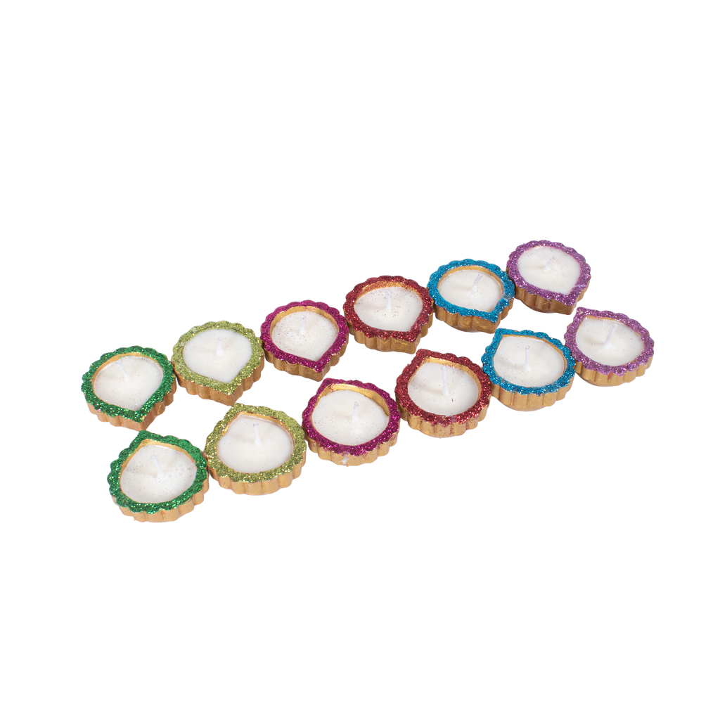Ready-to-use Glitter Terracotta Diya Assorted colours Set of 12pc (Wax Filled)
