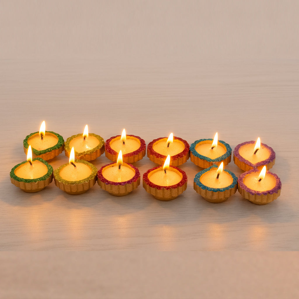 Ready-to-use Glitter Terracotta Diya Assorted colours Set of 12pc (Wax Filled)