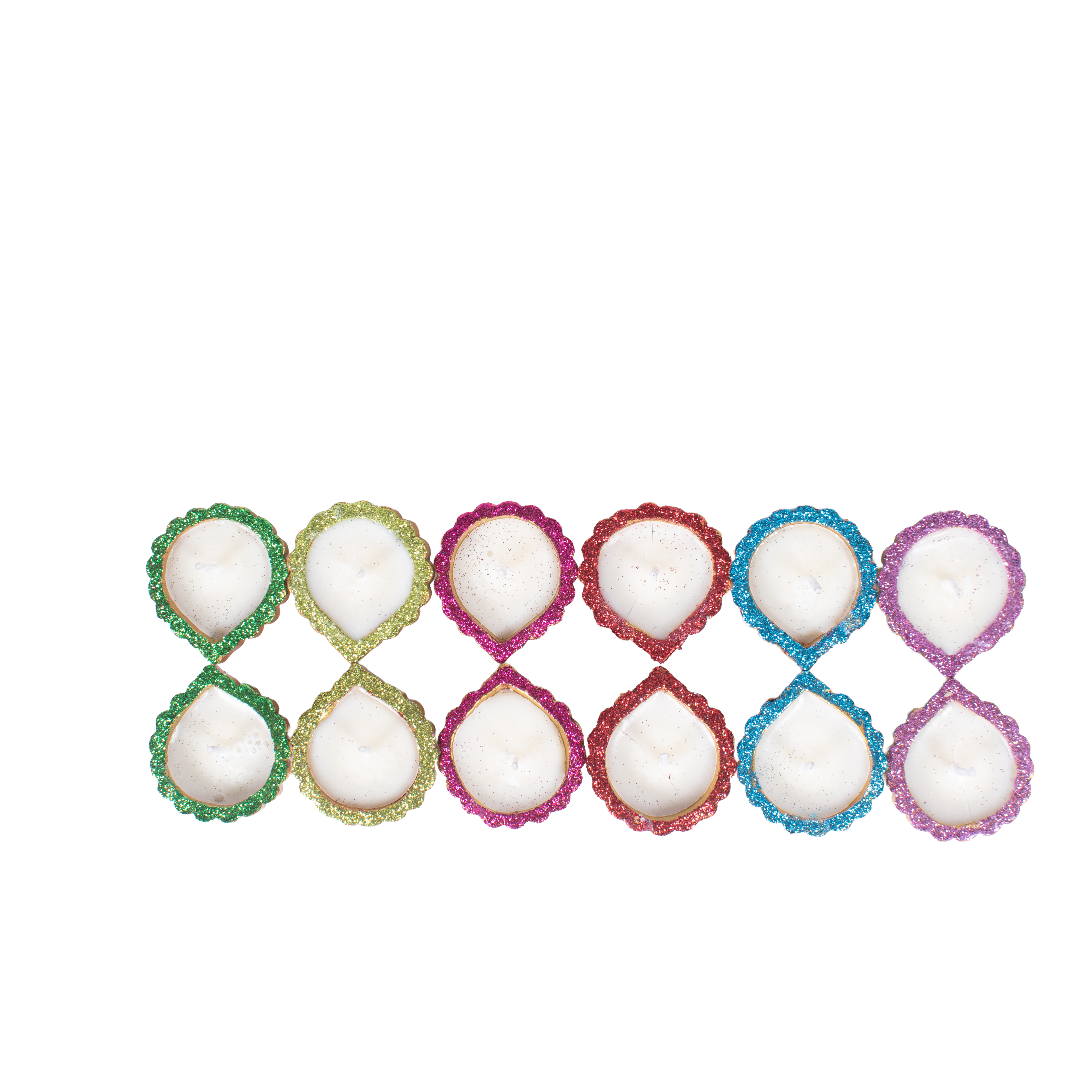 Ready-to-use Glitter Terracotta Diya Assorted colours Set of 12pc (Wax Filled)