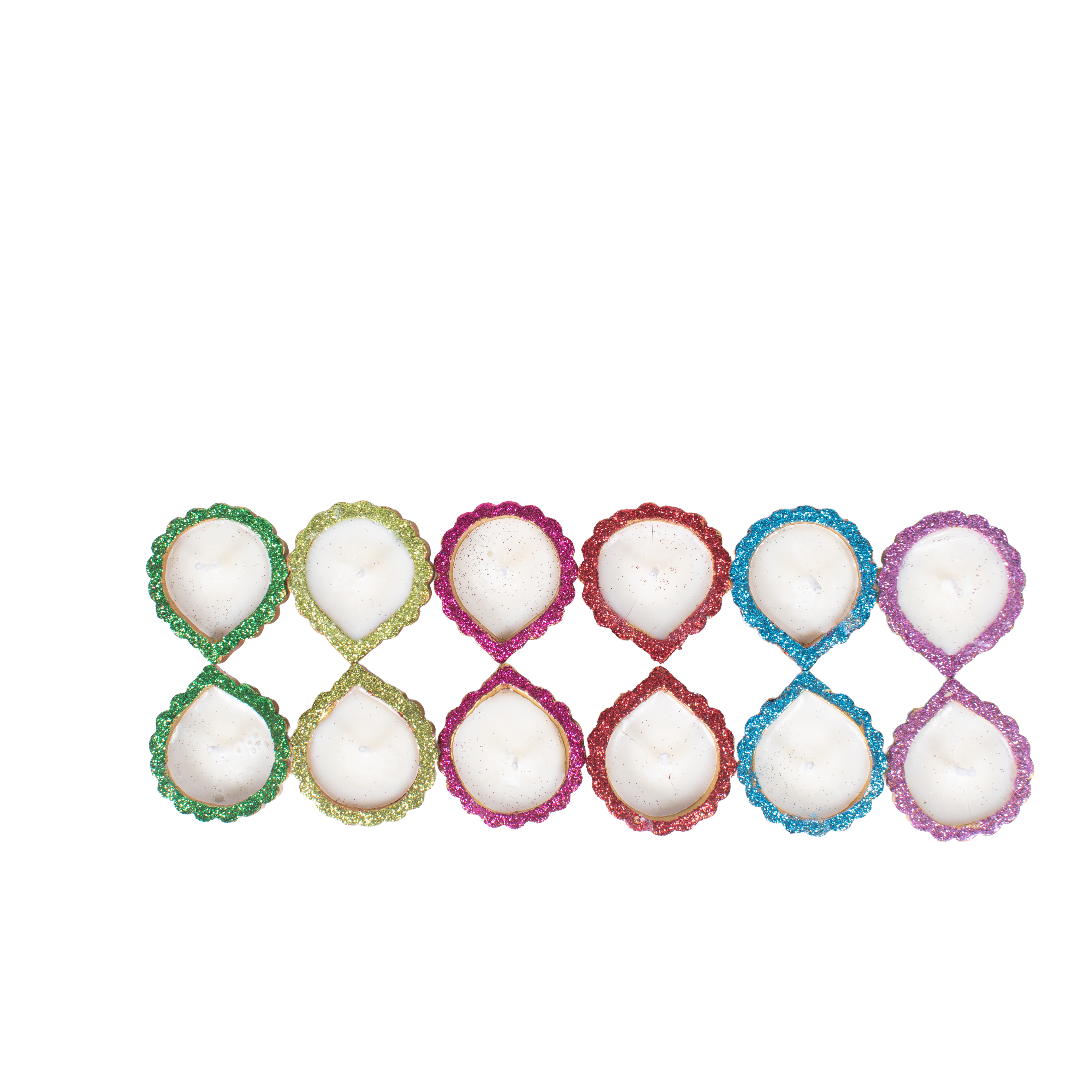 Ready-to-use Glitter Terracotta Diya Assorted colours Set of 12pc (Wax Filled)