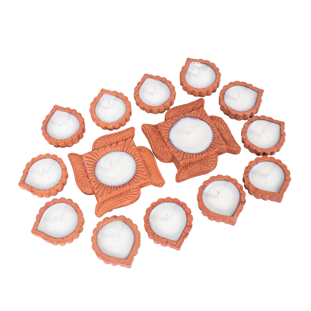 Ready-to-use Terracotta Diya Swastika Set of 14pc (Wax Filled)