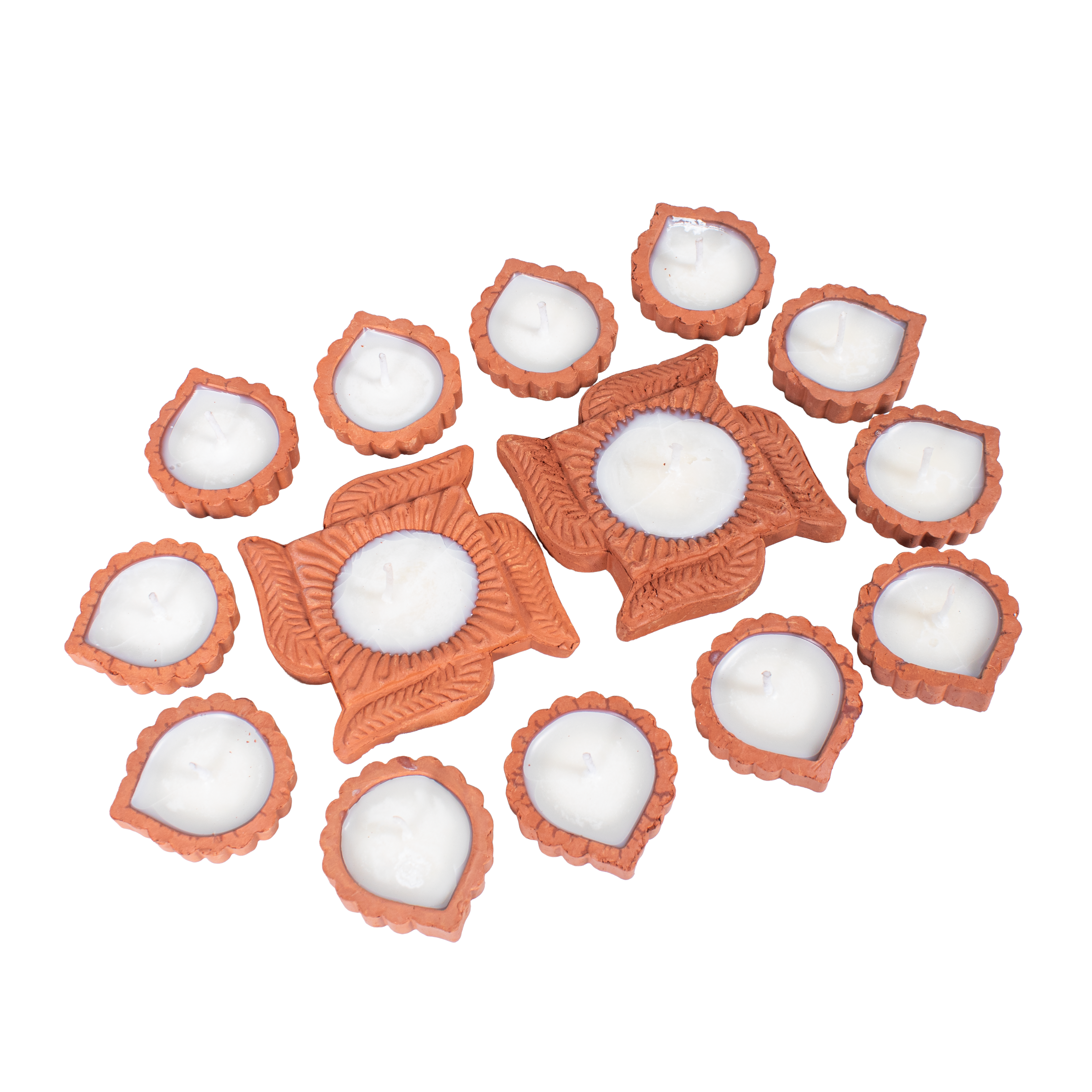 Ready-to-use Terracotta Diya Swastika Set of 14pc (Wax Filled)