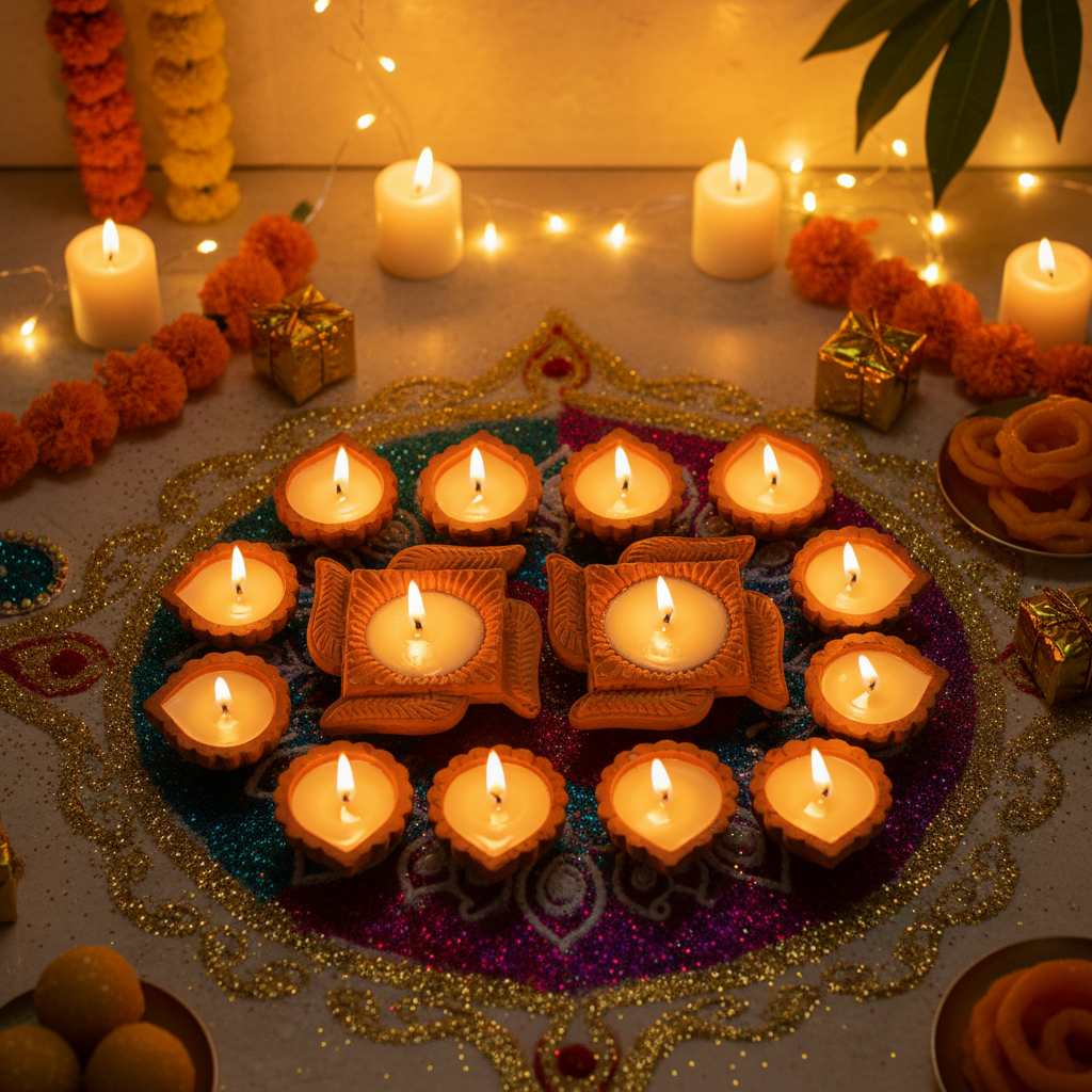Ready-to-use Terracotta Diya Swastika Set of 14pc (Wax Filled)