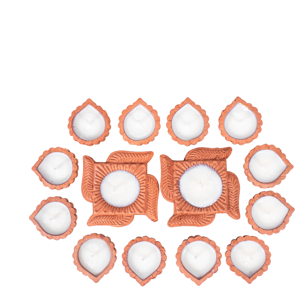 Ready-to-use Terracotta Diya Swastika Set of 14pc (Wax Filled)