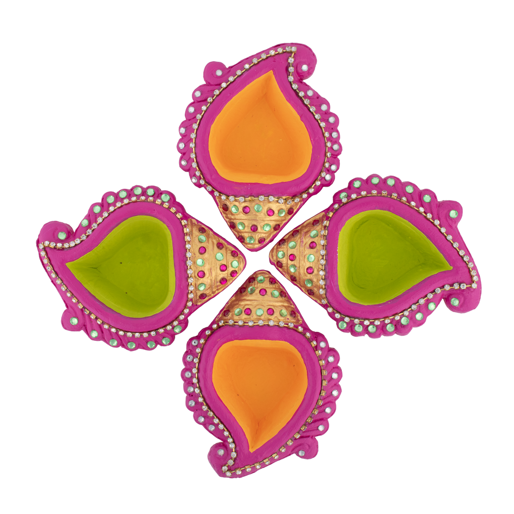 Decorated Terracotta Diya Traditional Shell Green & Yellow 4pc