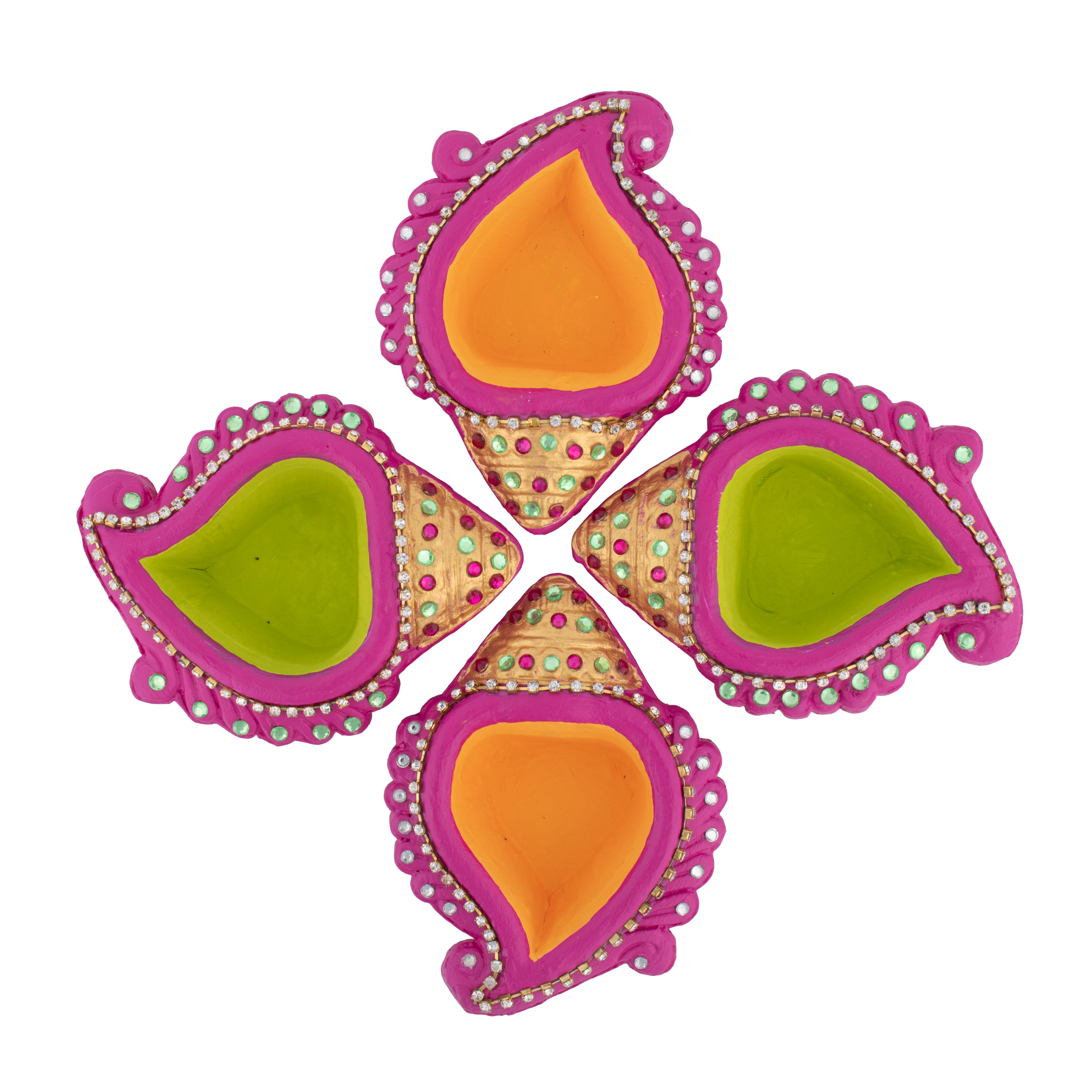 Decorated Terracotta Diya Traditional Shell Green & Yellow 4pc