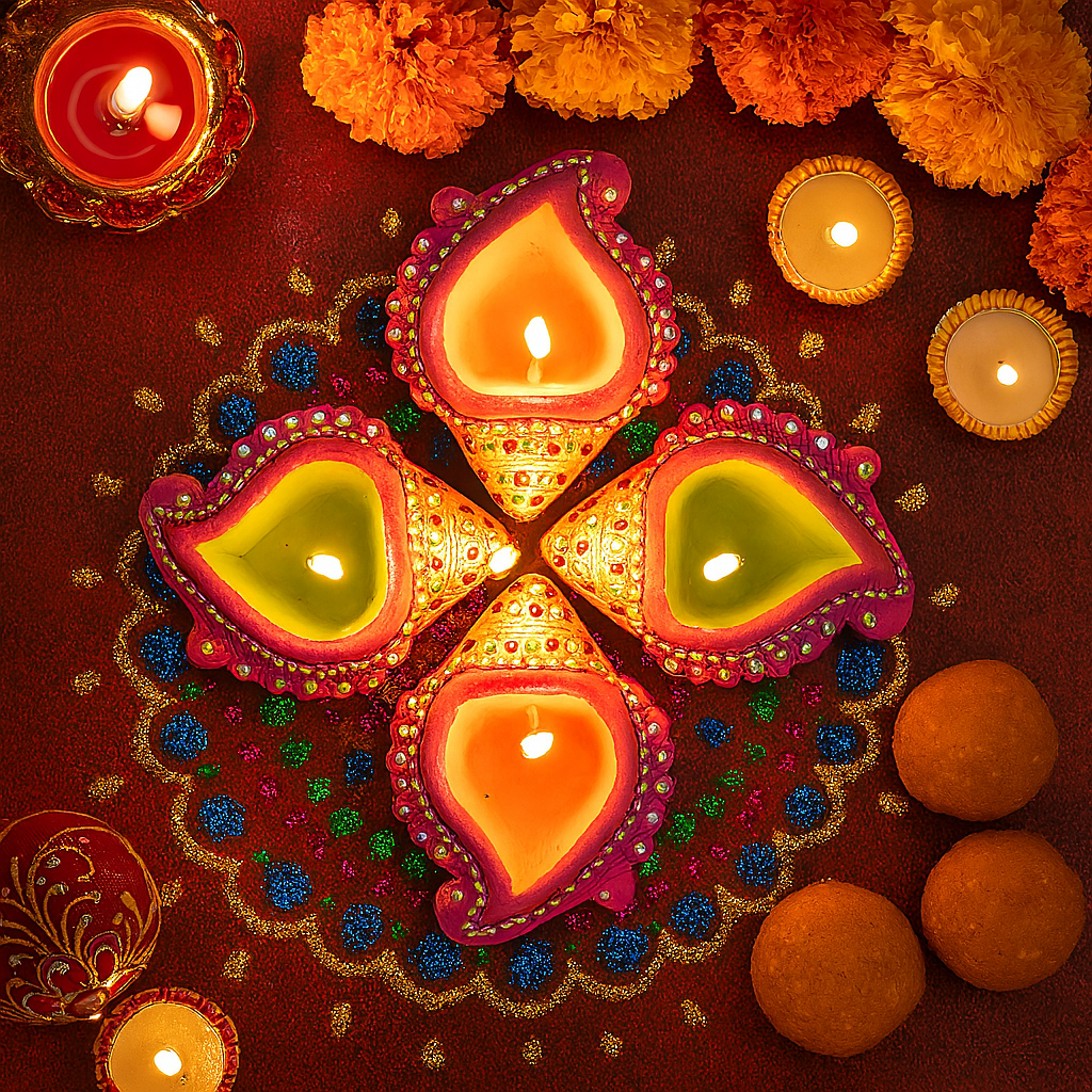 Decorated Terracotta Diya Traditional Shell Green & Yellow 4pc