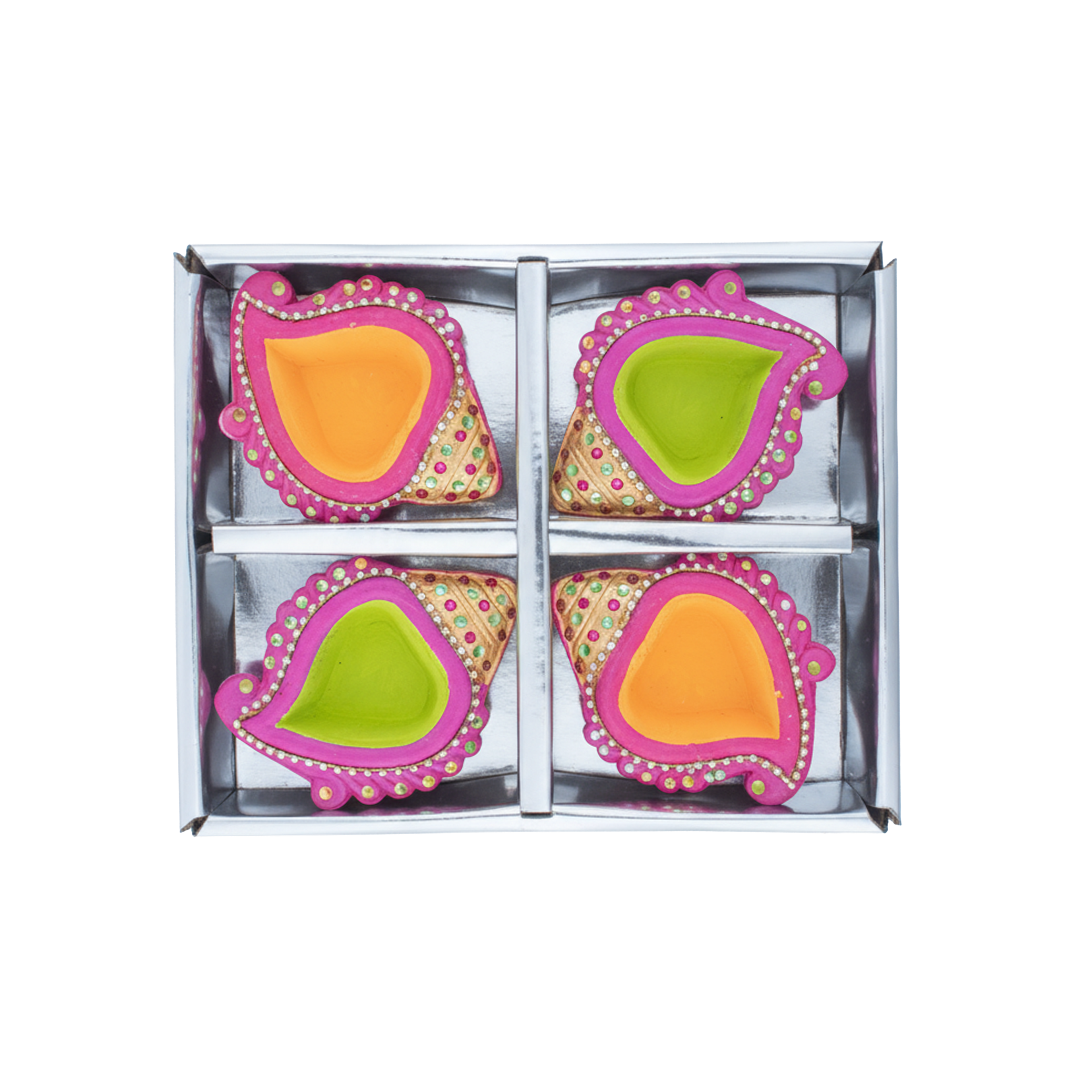 Decorated Terracotta Diya Traditional Shell Green & Yellow 4pc
