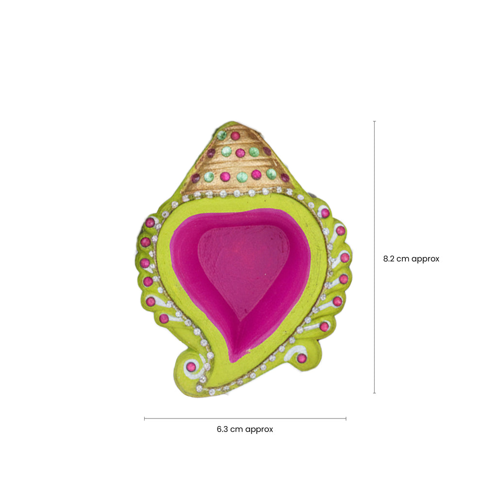 Decorated Terracotta Diya Traditional Shell Pink & Yellow 4pc