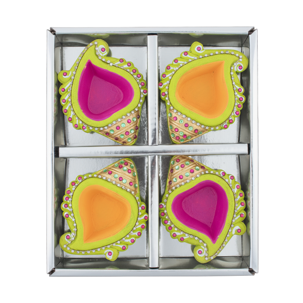 Decorated Terracotta Diya Traditional Shell Pink & Yellow 4pc
