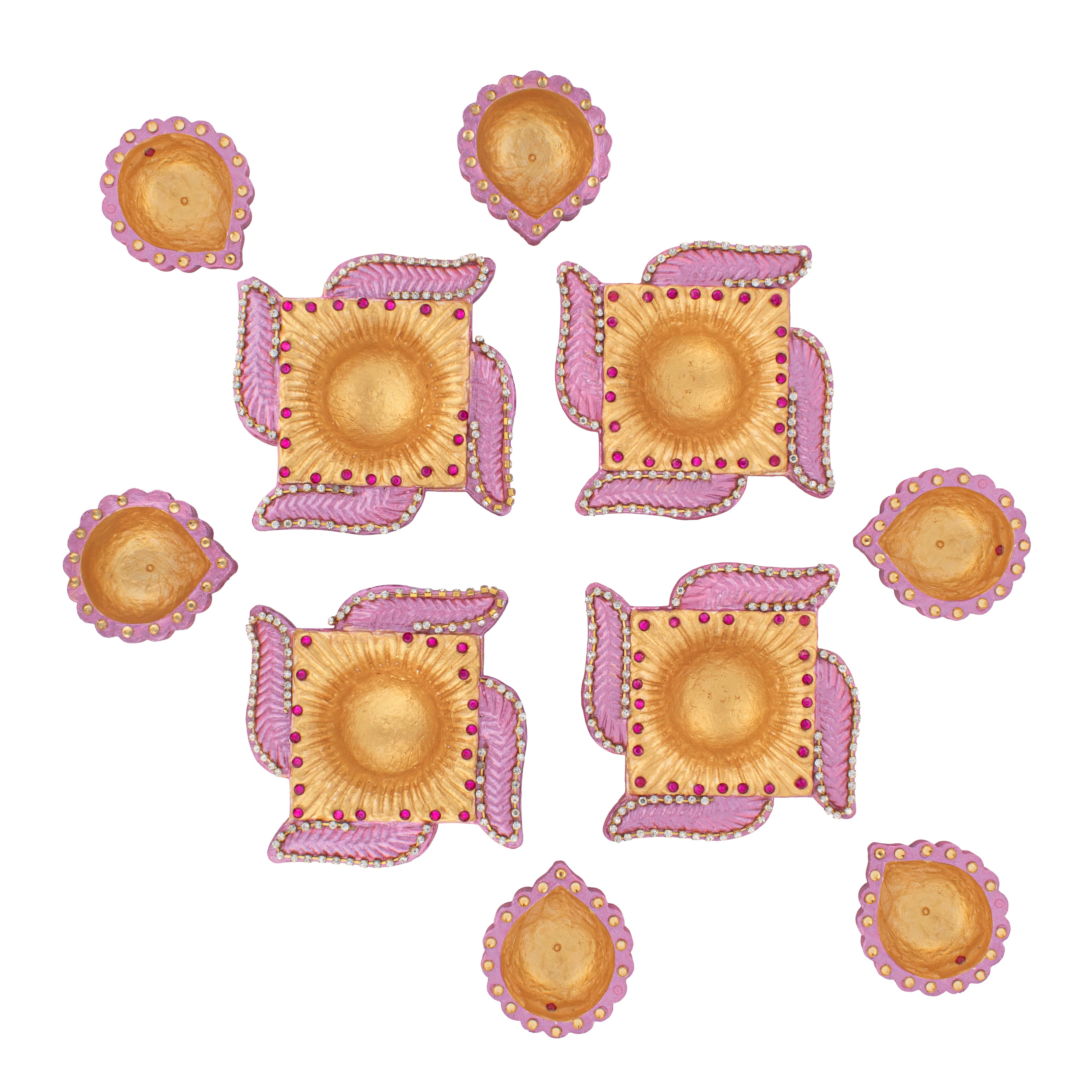 Decorated Terracotta Diya Assorted Shapes Pastel Pink 10pc