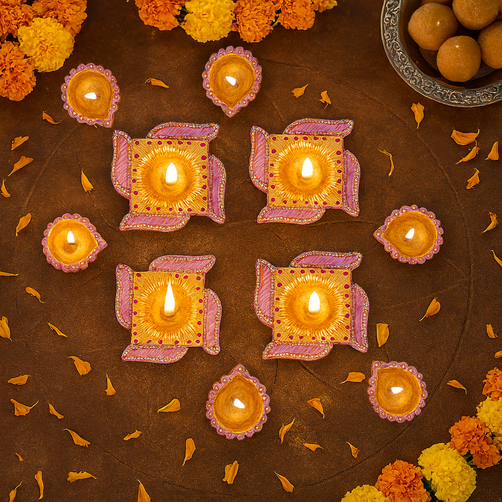 Decorated Terracotta Diya Assorted Shapes Pastel Pink 10pc